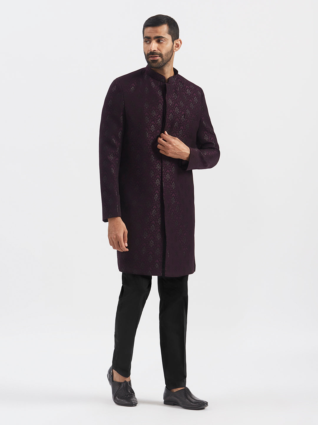 Men's Wine Silk Blend Sherwani Set