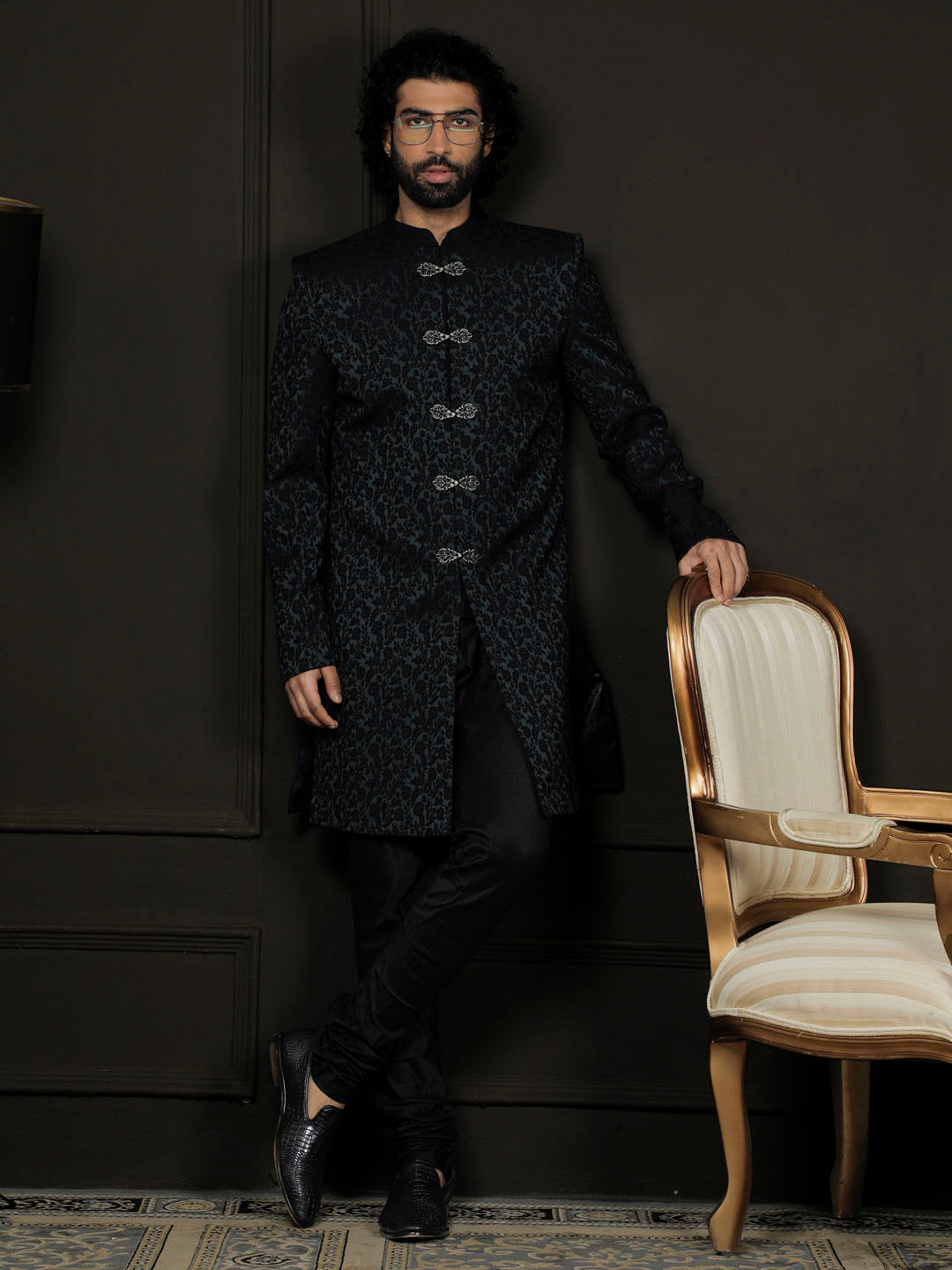 Men's Green Silk Blend Sherwani Set