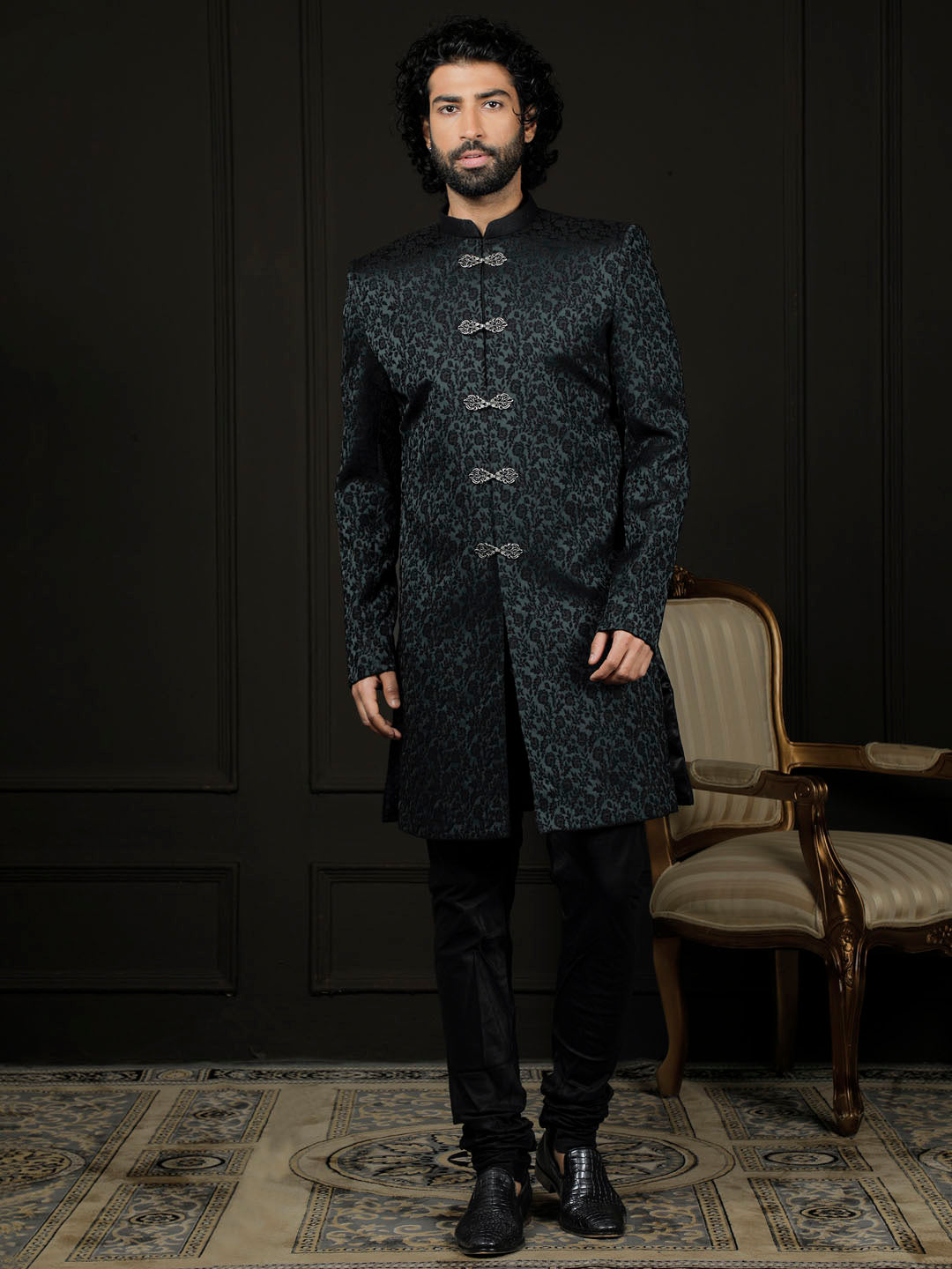 Men's Green Silk Blend Sherwani Set