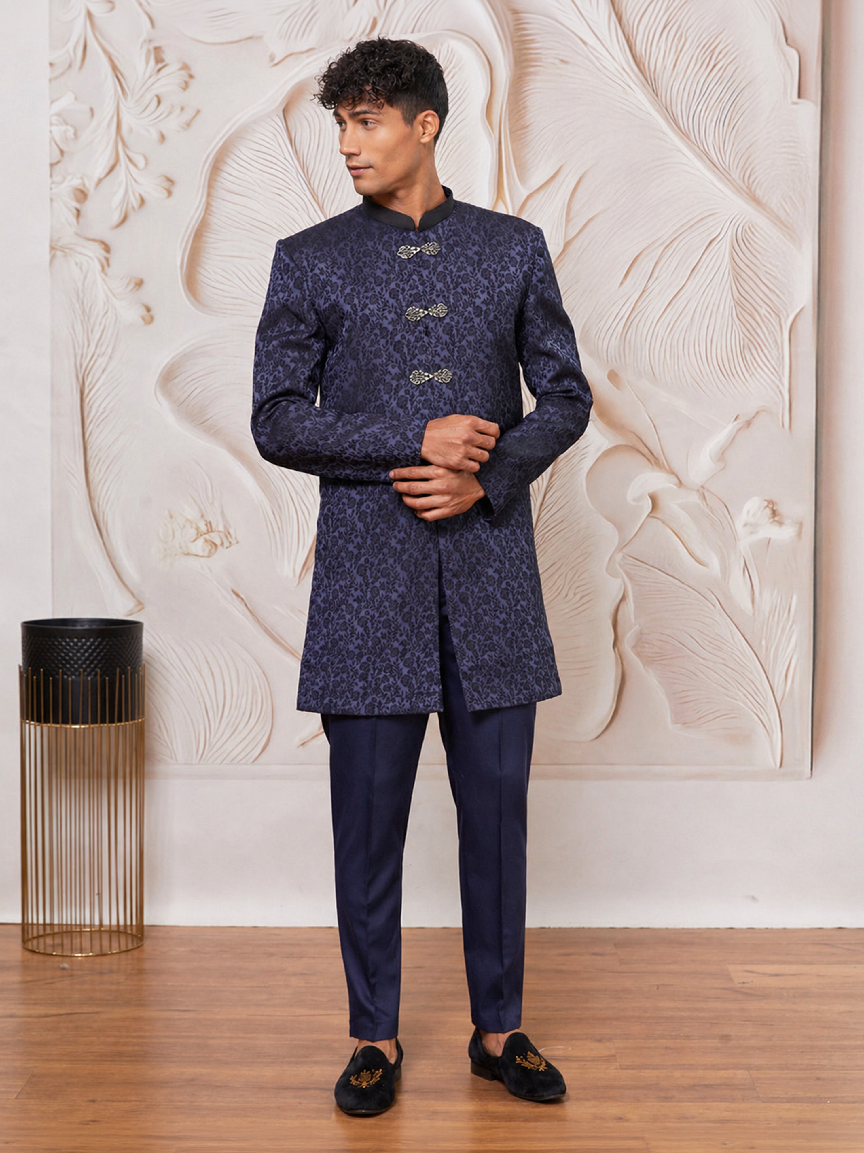 Navy Blue Silk Blend Floral Indo Western Set for Men