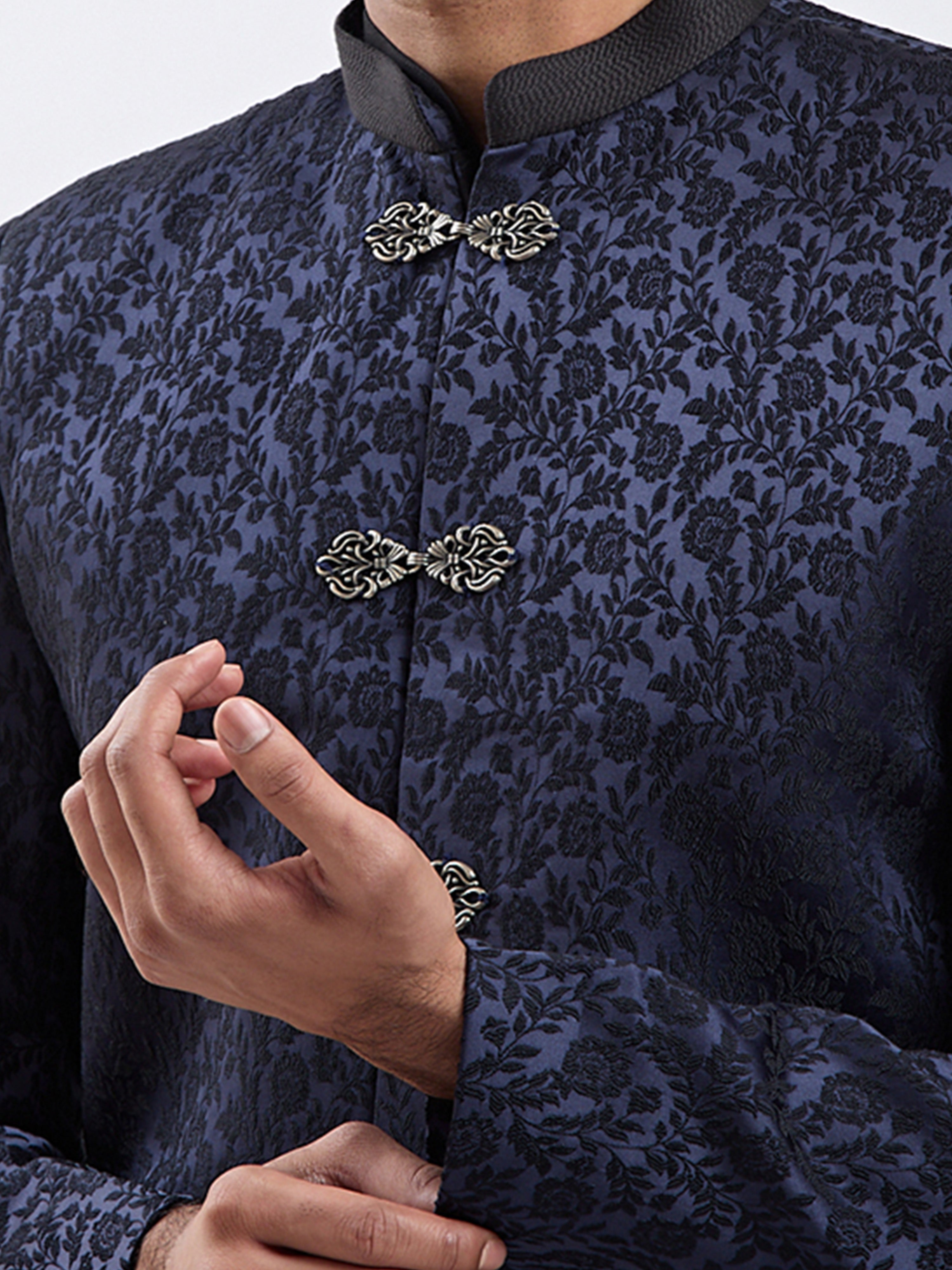Men's Navy Blue Silk-Blend Floral Knee Length Indo Western Set with Pant