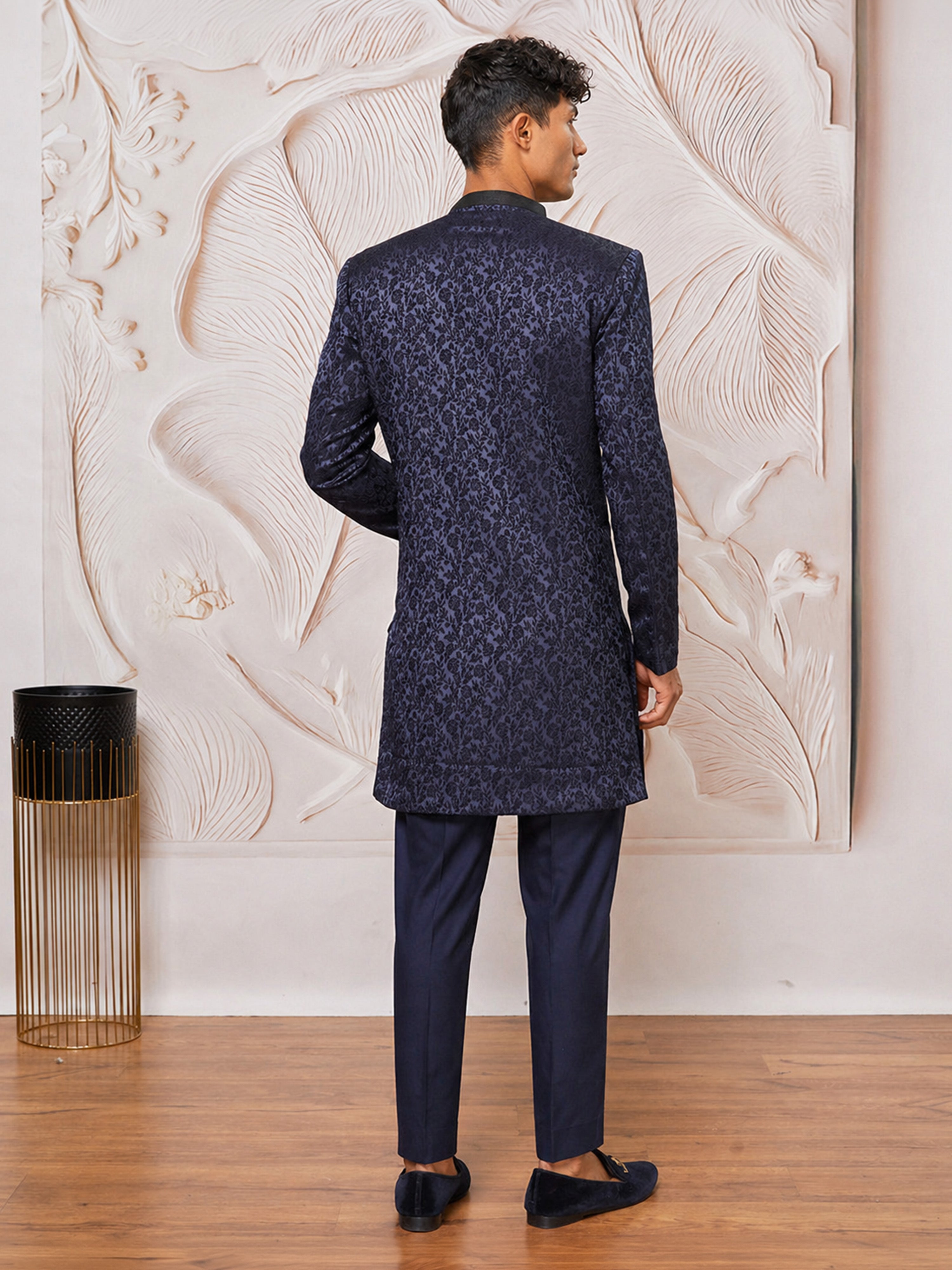 Men's Navy Blue Silk-Blend Floral Knee Length Indo Western Set with Pant