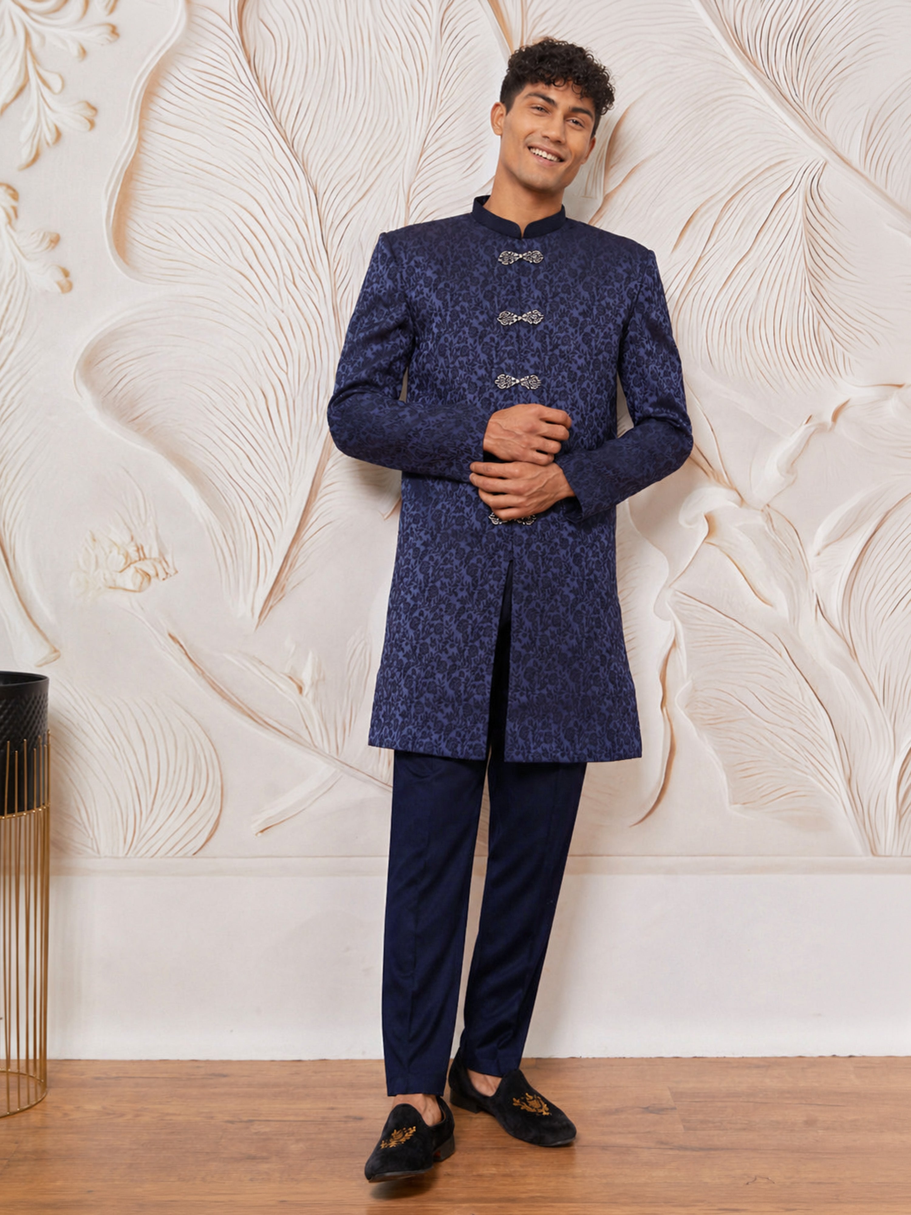 Navy Silk Blend Floral Jacquard Indo Western Set