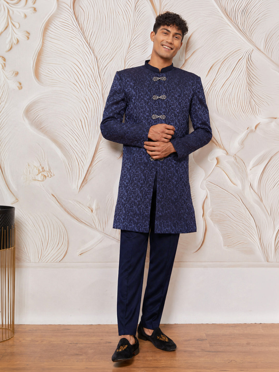 Navy Silk Blend Floral Jacquard Indo Western Set