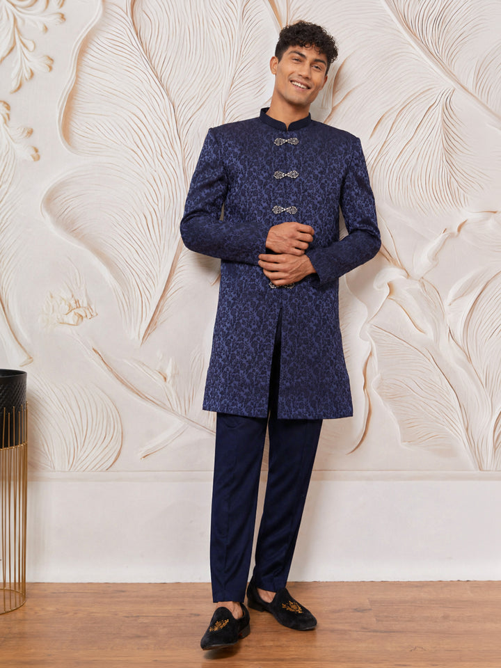 Navy Silk Blend Floral Jacquard Indo Western Set