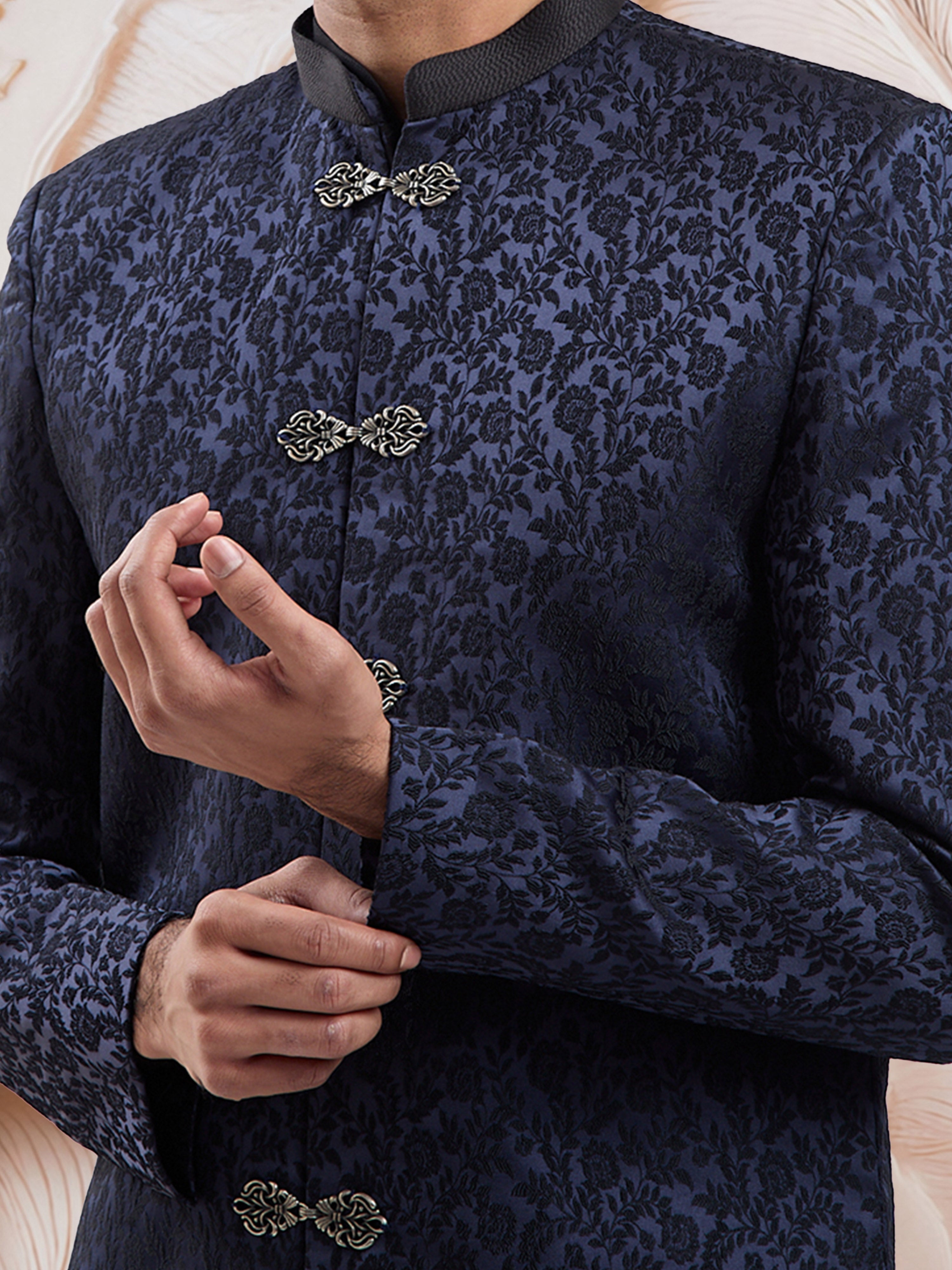 Men's Navy Blue Silk-Blend Floral Knee Length Indo Western Set with Pant