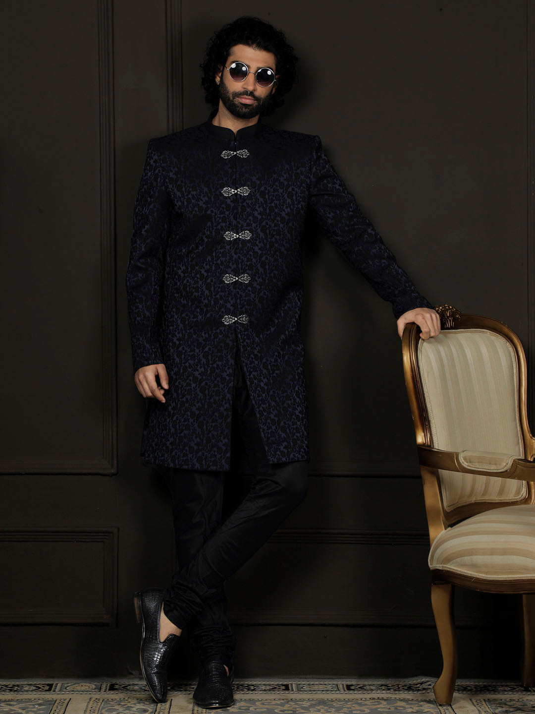 Men's Navy Blue Silk Blend Sherwani Set