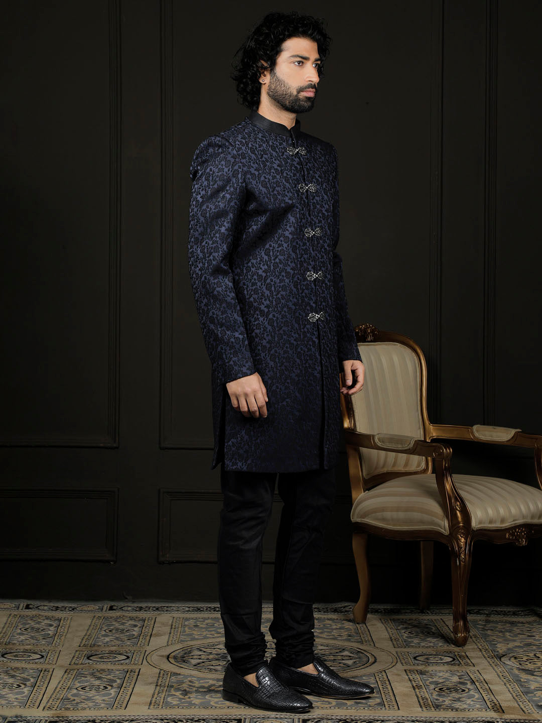 Men's Navy Blue Silk Blend Sherwani Set