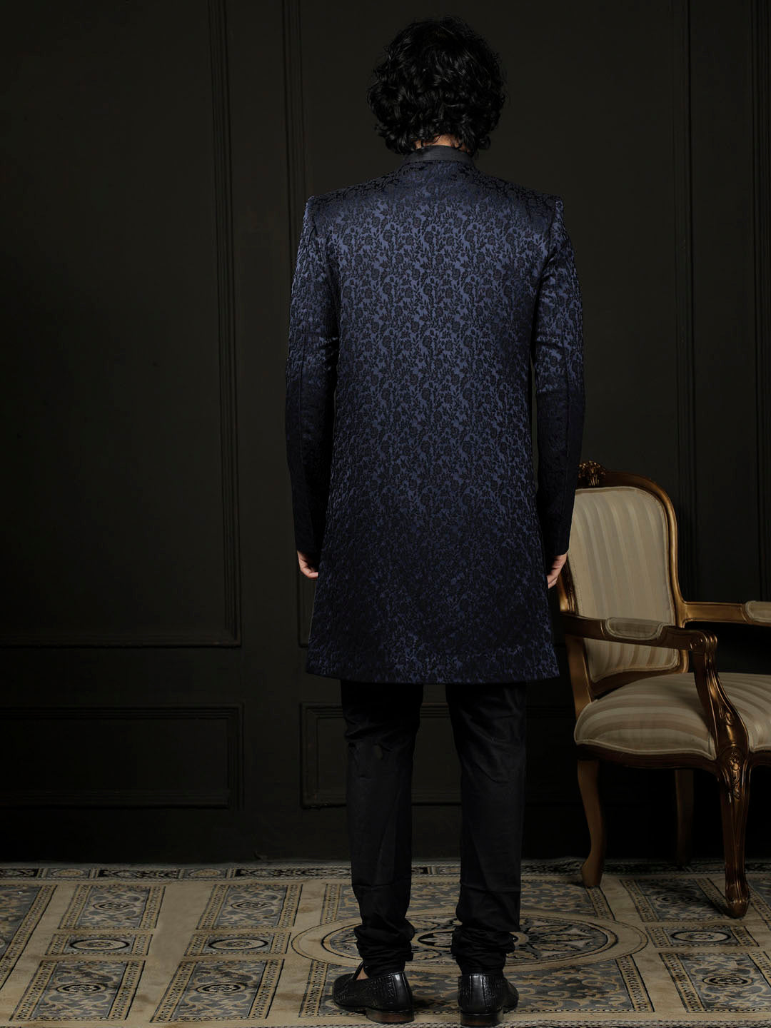 Men's Navy Blue Silk Blend Sherwani Set