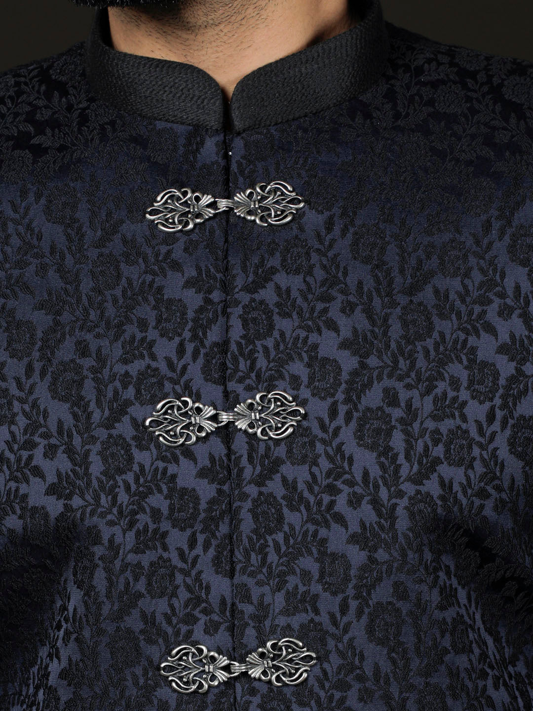 Men's Navy Blue Silk Blend Sherwani Set