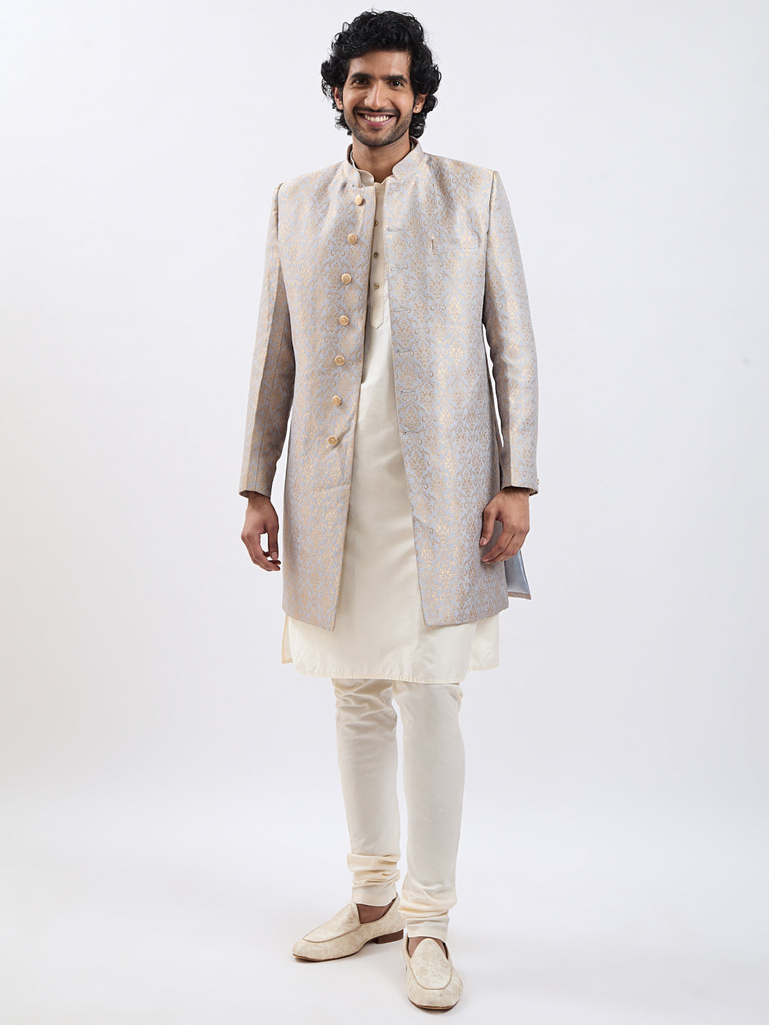 Men's Rose Gold And Gray Viscose Sherwani Set