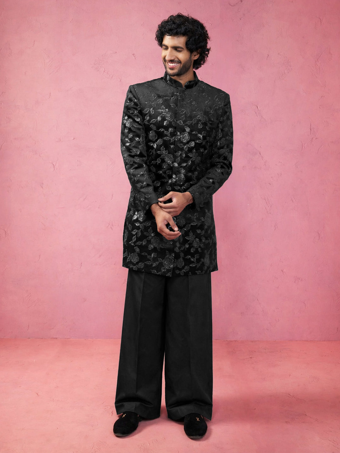 Black Velvet Floral Sequined Indo-Western Set for Men