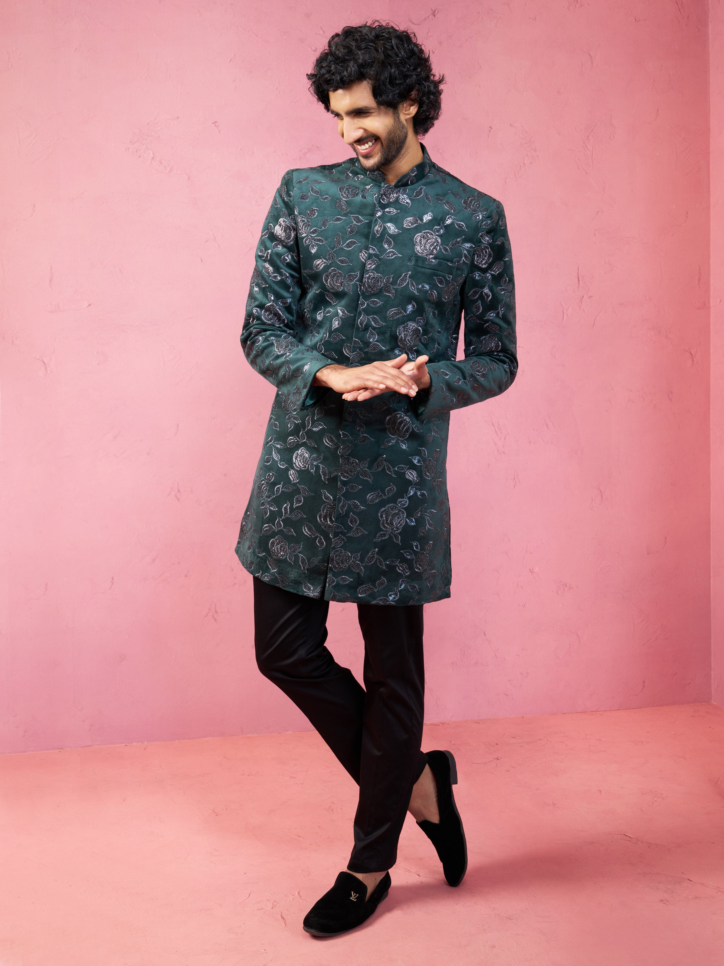 Men's Bottle Green Velvet Sherwani Set