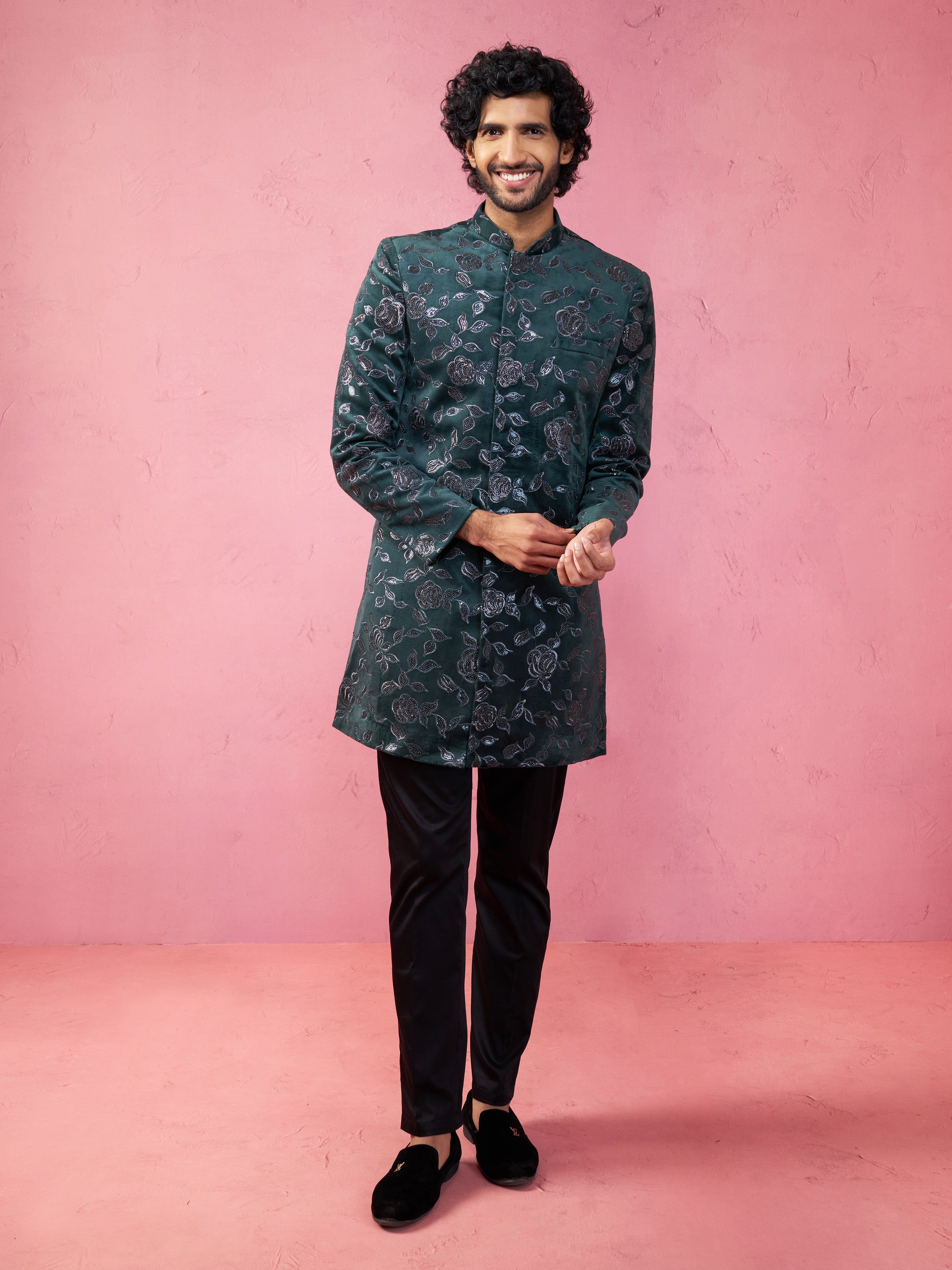 Men's Bottle Green Velvet Sherwani Set