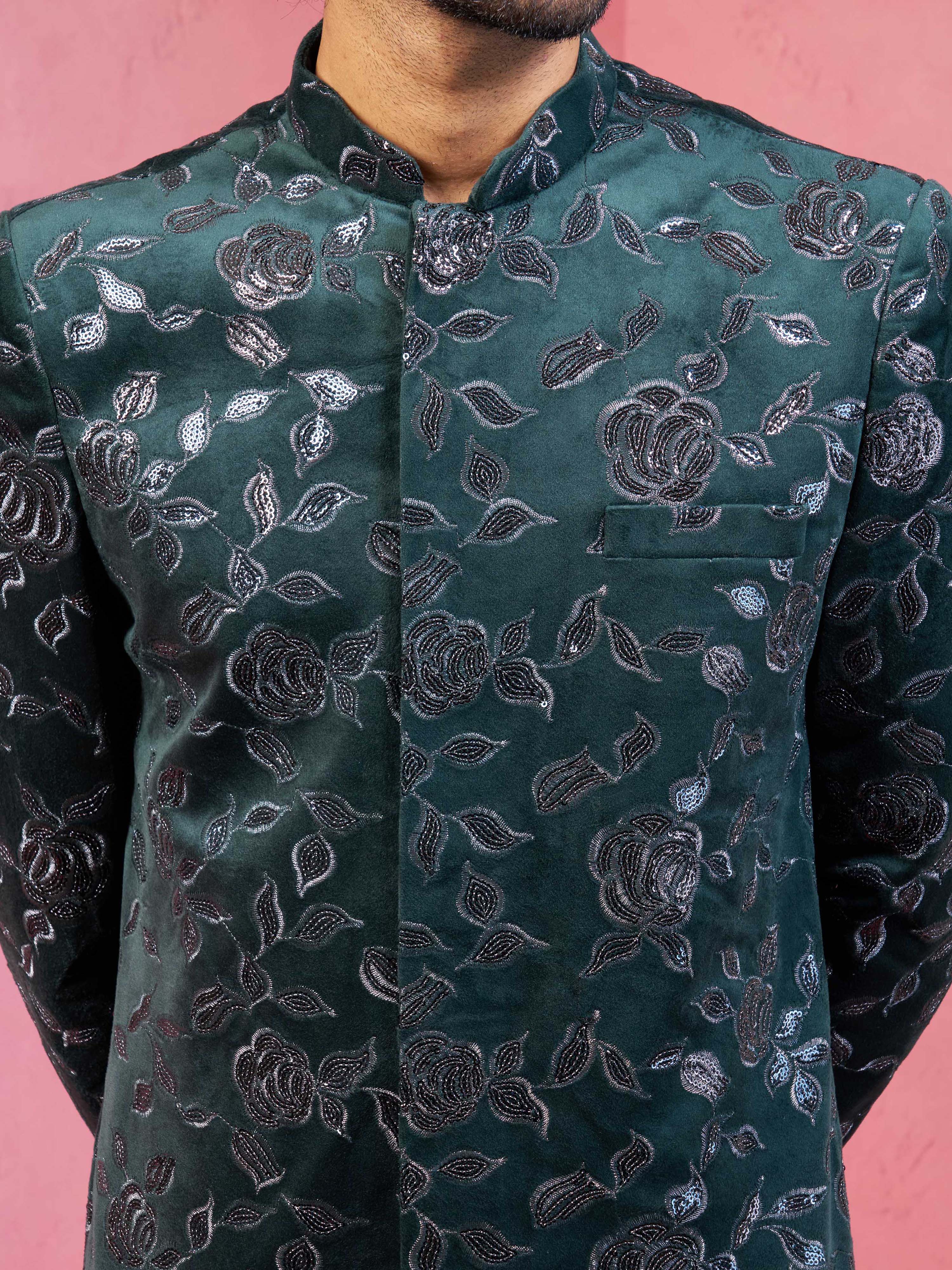 Men Dark Green Floral Thread Work Indo Western Set