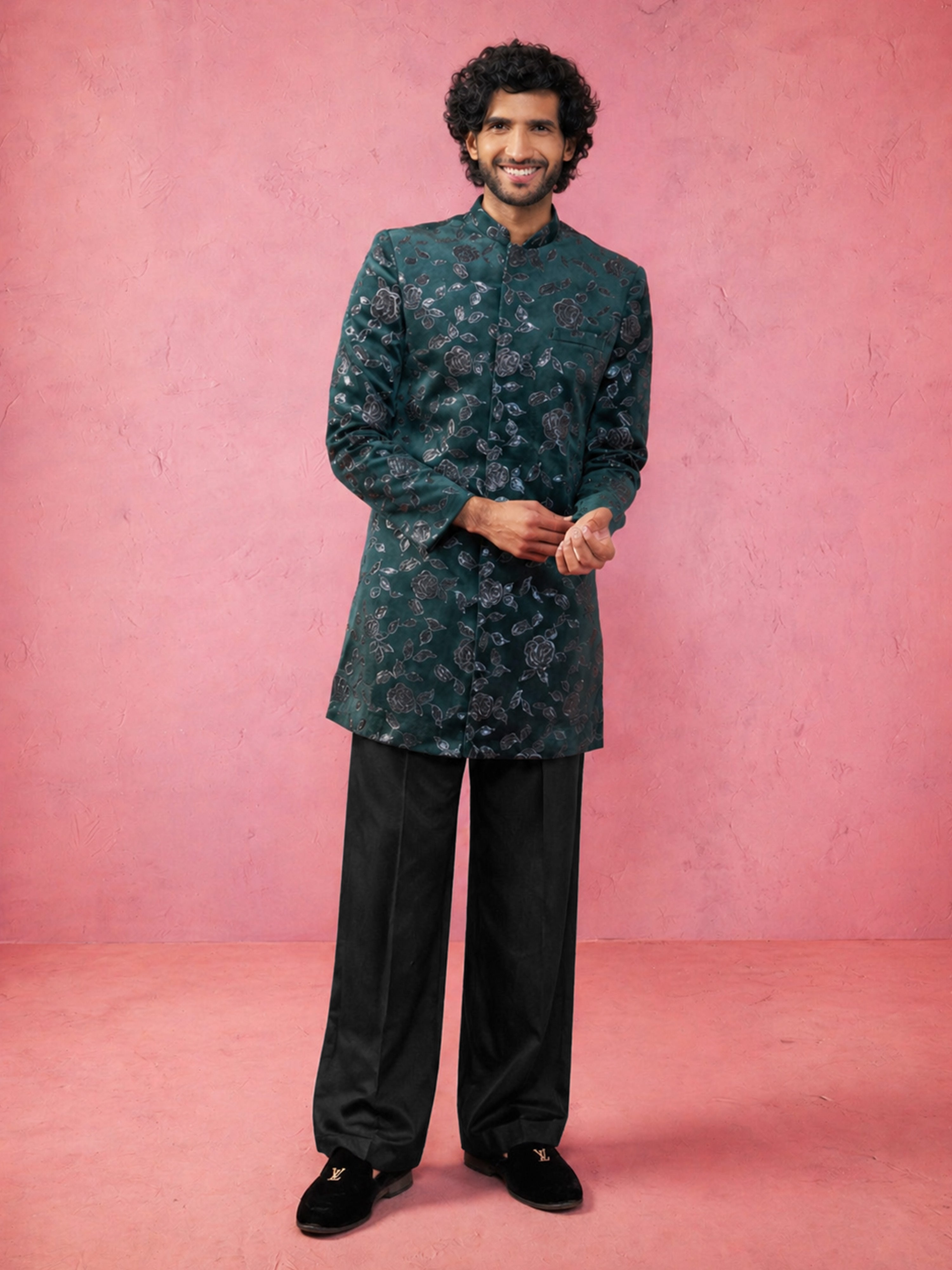 Men Dark Green Floral Thread Work Indo Western Set