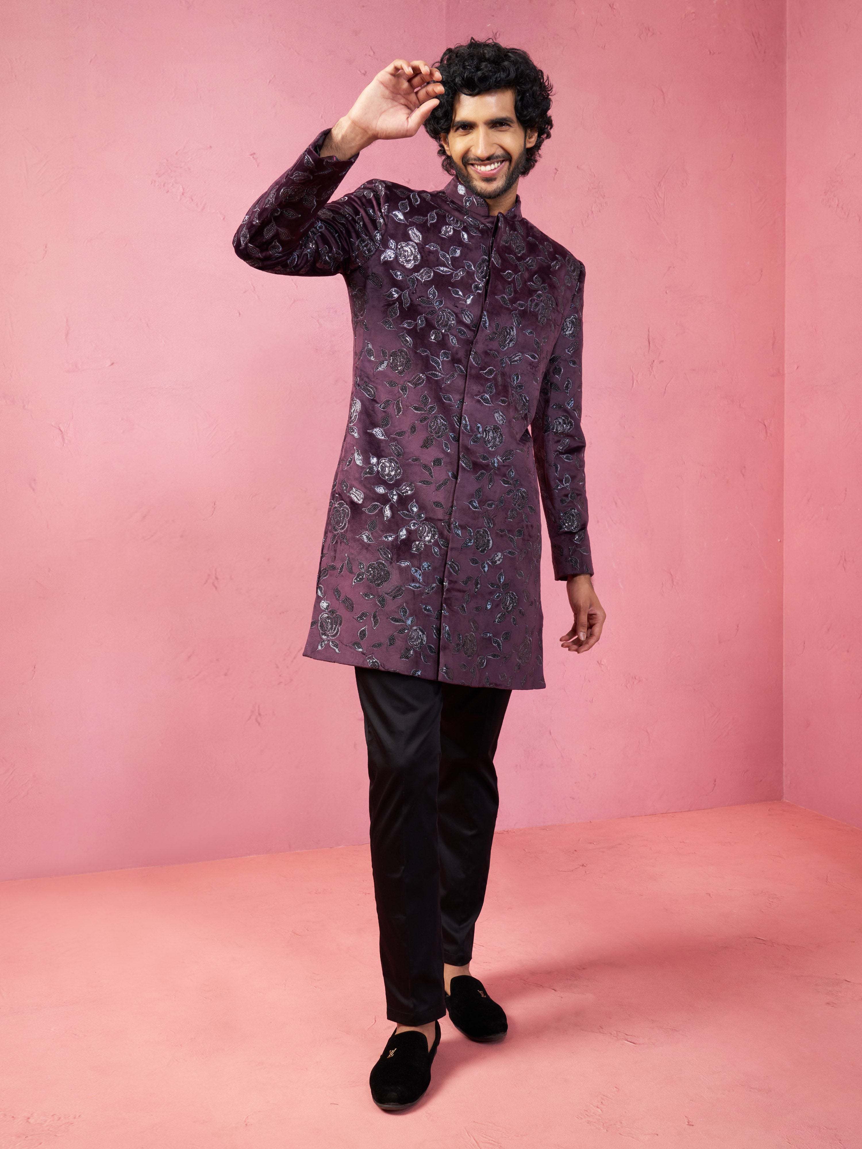 Men's Maroon Velvet Indo-Western Kurta with Black Cotton Lycra Pyjama