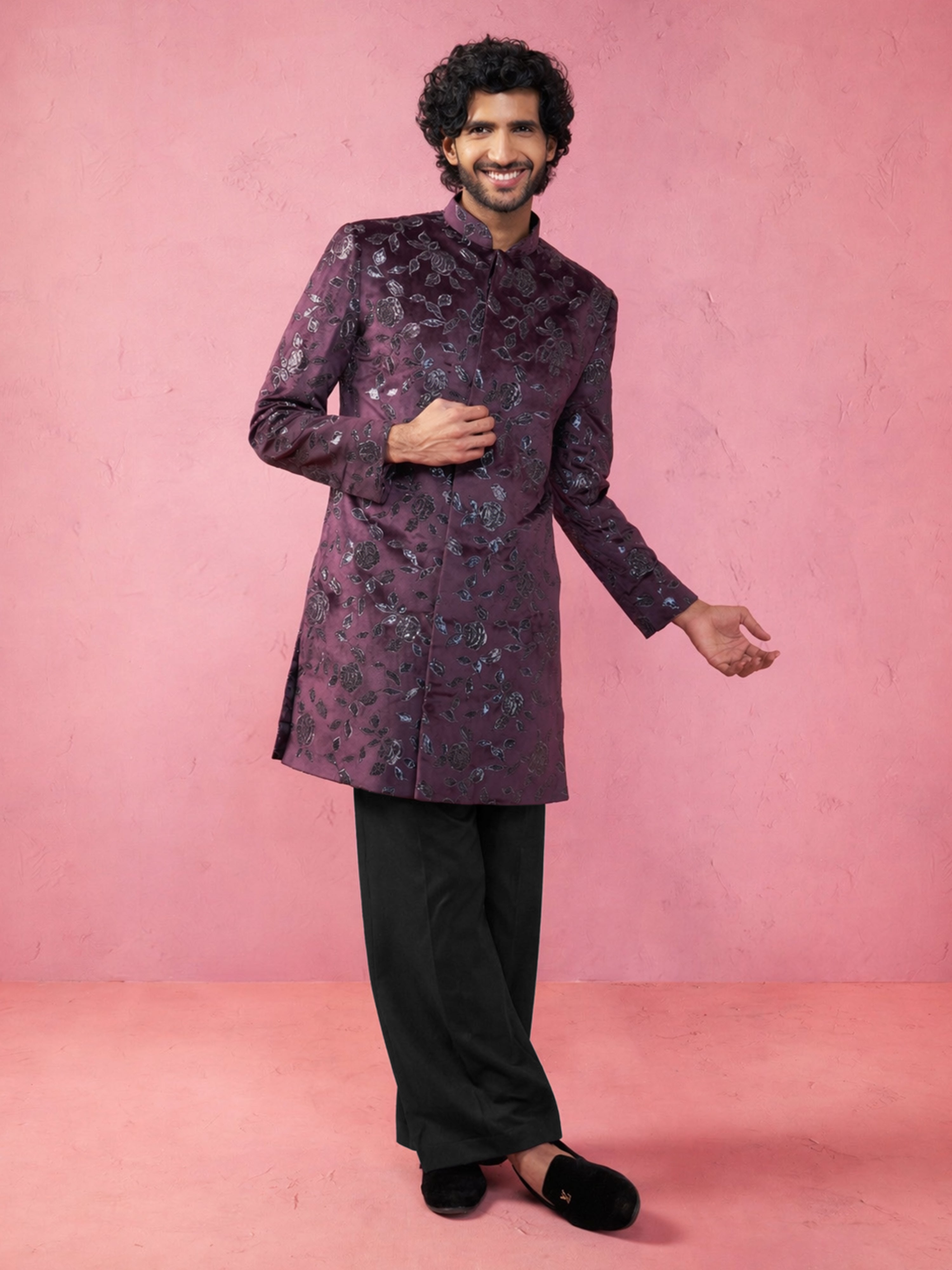 Maroon Floral Sequined Indo Western Set with Wide Leg Pants
