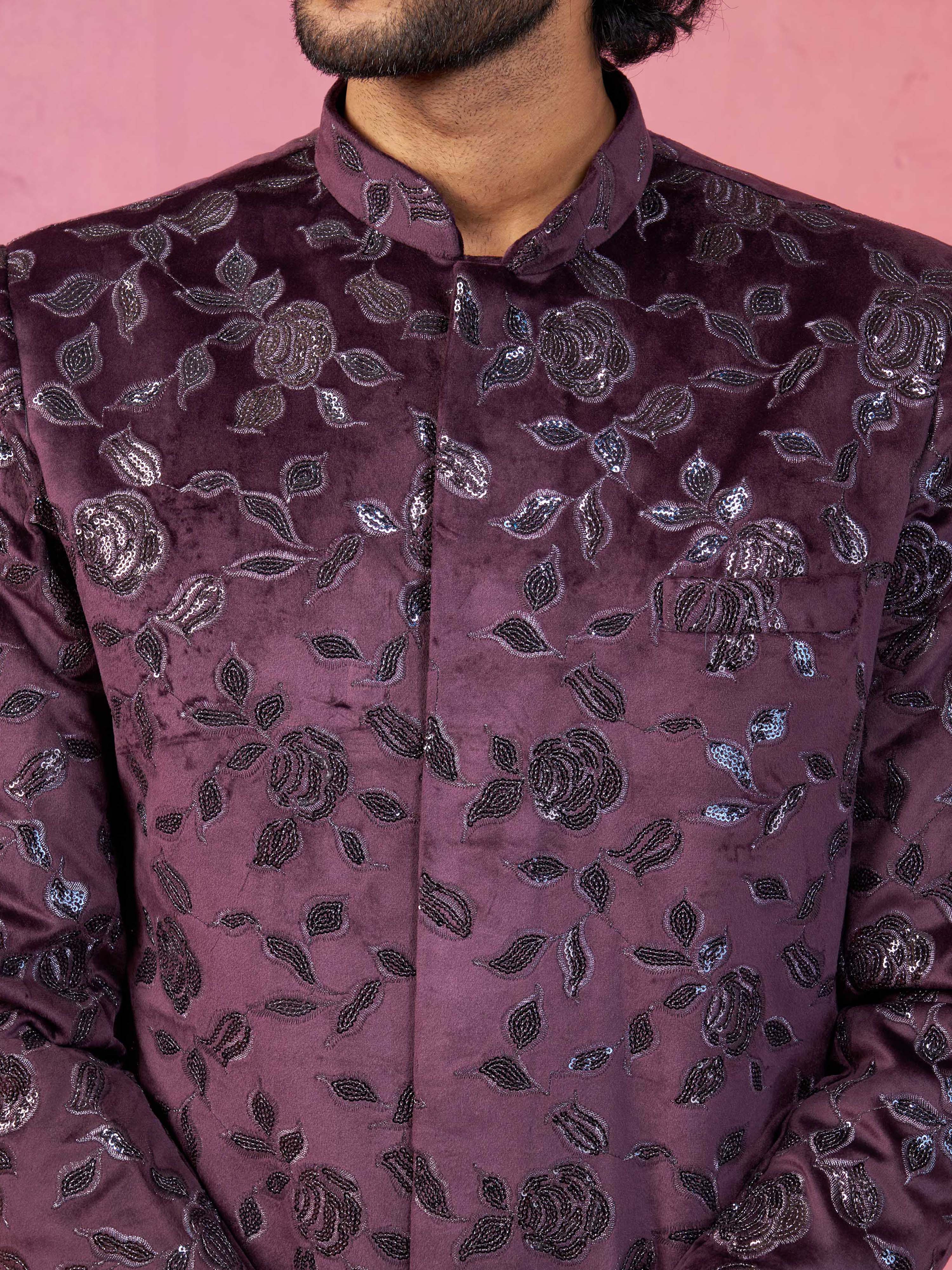 Maroon Floral Sequined Indo Western Set with Wide Leg Pants