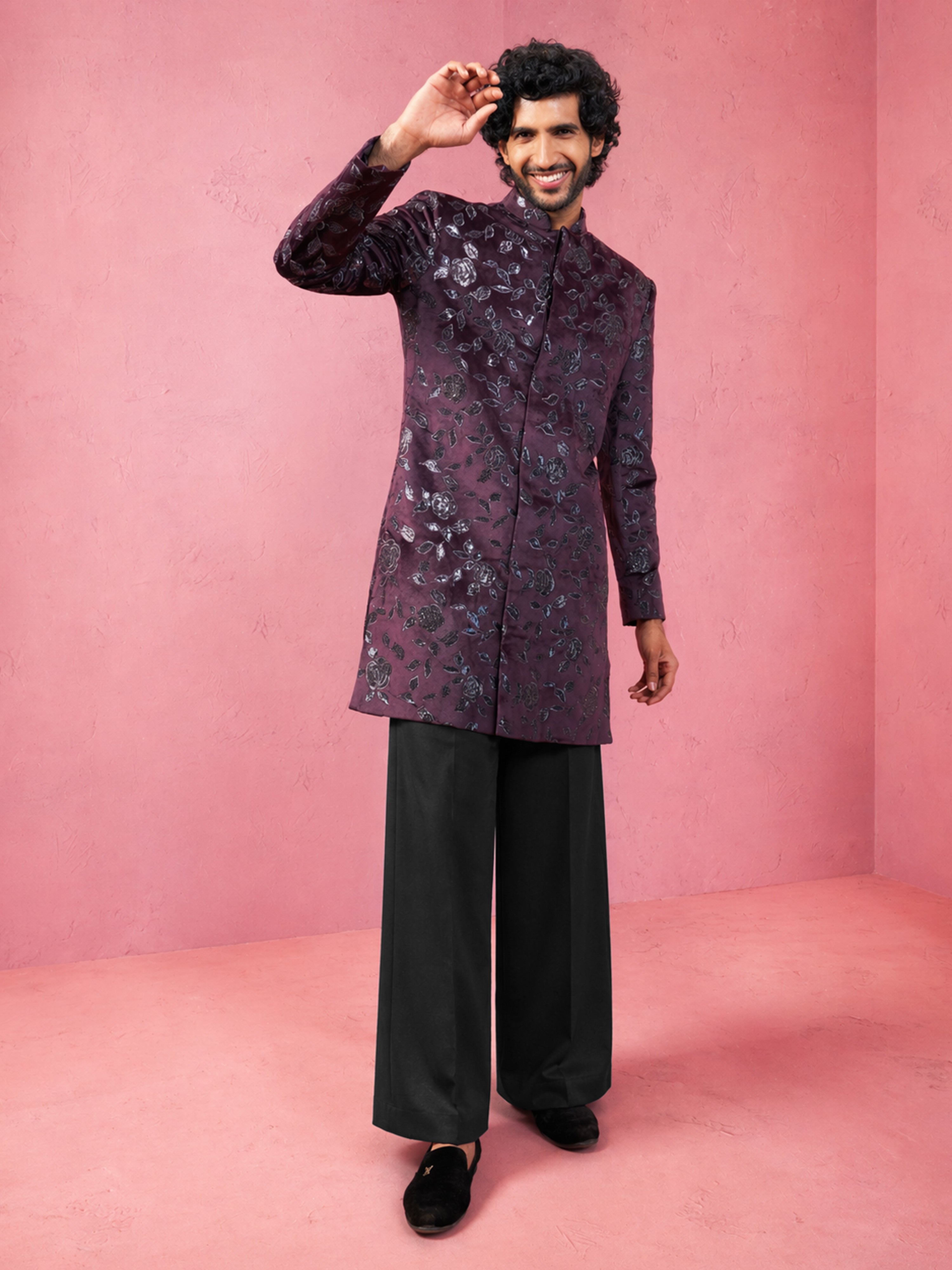 Maroon Floral Sequined Indo Western Set with Wide Leg Pants