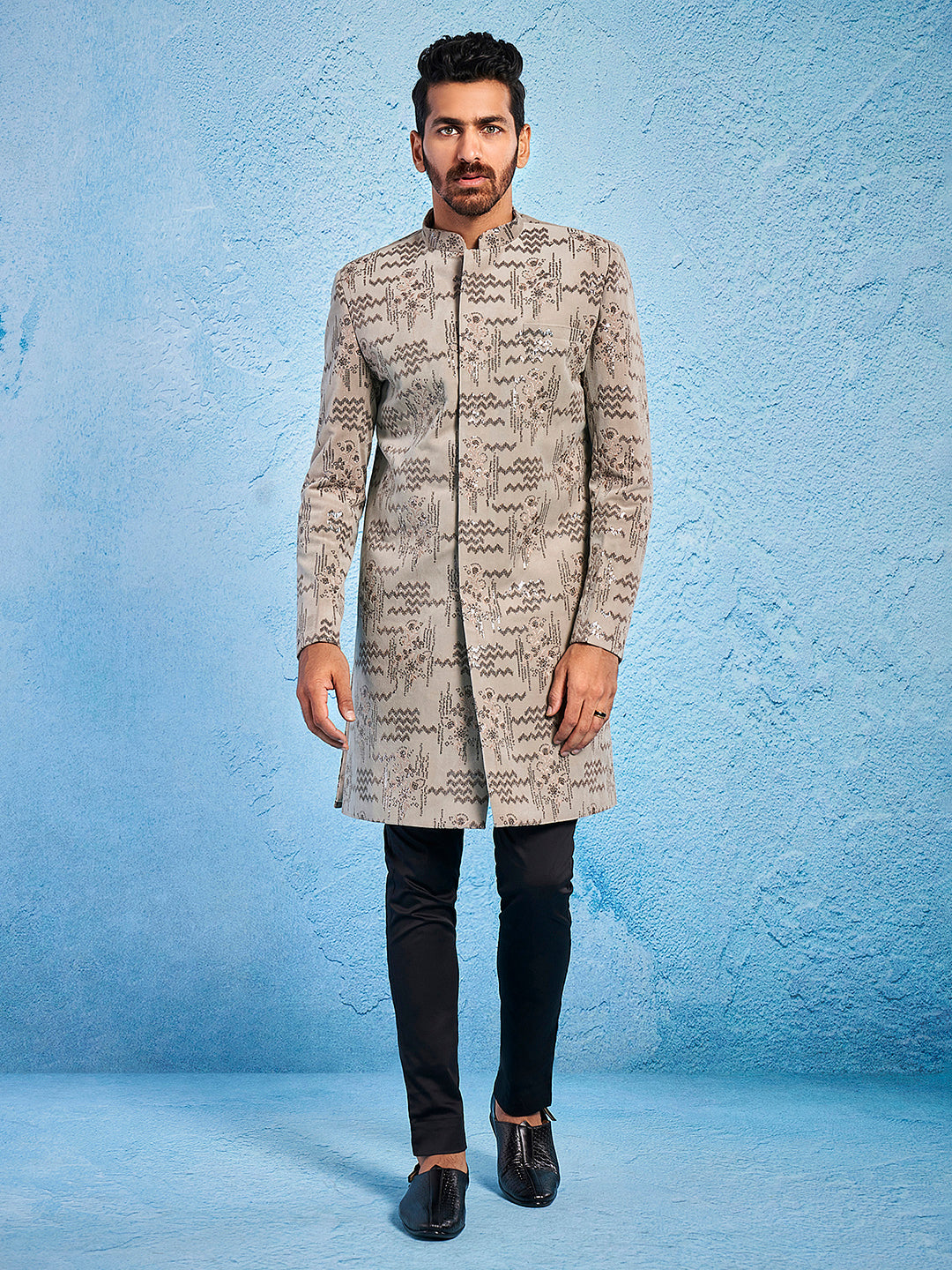 Men's Chiku Velvet Sherwani Set