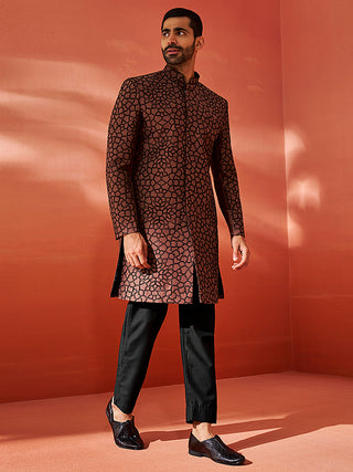 VASTRAMAY Men's Rust And Black Silk Blend Sherwani Set