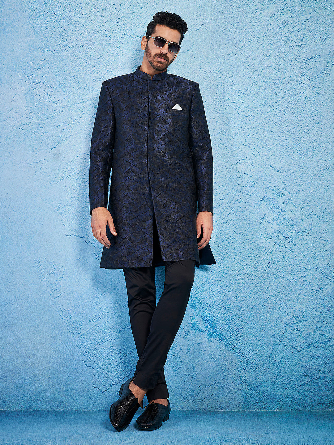 Men's Navy Blue Silk Blend Sherwani Set
