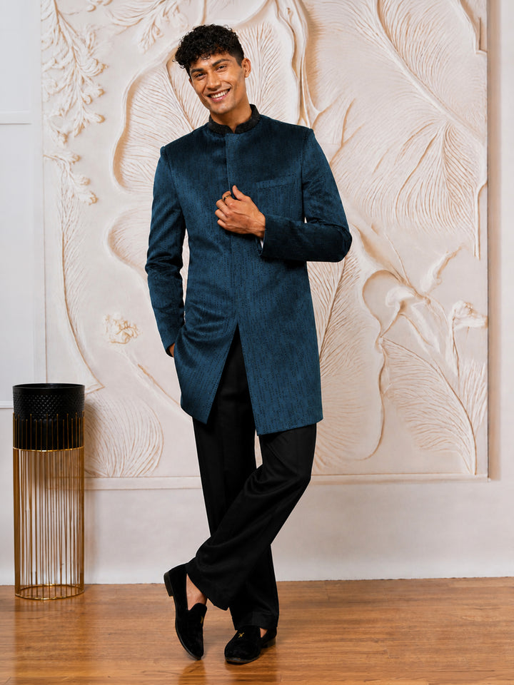 Men Bottle Green Stone &amp; Cutdana Work Velvet Indo-Western with Cream Wide Leg Palazzo Set