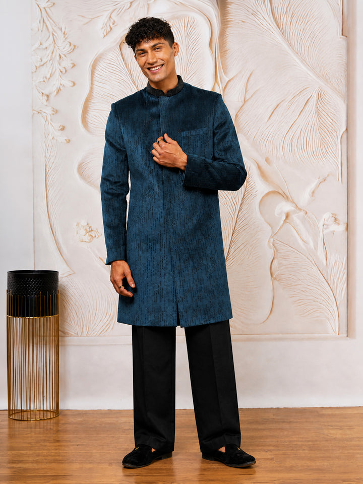 Men Bottle Green Stone &amp; Cutdana Work Velvet Indo-Western with Cream Wide Leg Palazzo Set