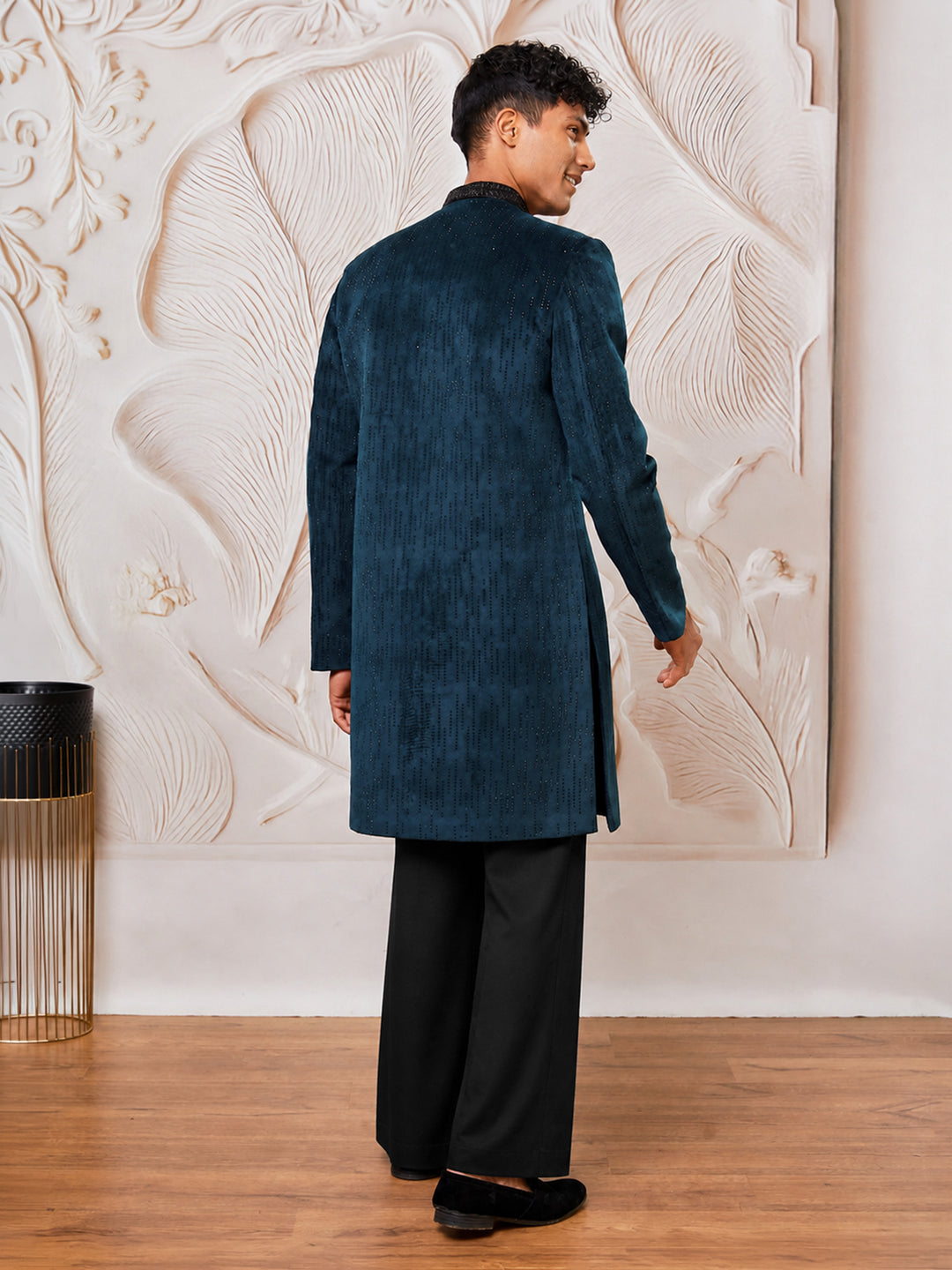 Men Bottle Green Stone &amp; Cutdana Work Velvet Indo-Western with Cream Wide Leg Palazzo Set