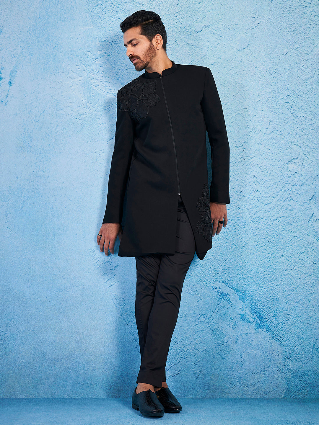 Men's Black Imported Suiting Lycra Sherwani Set