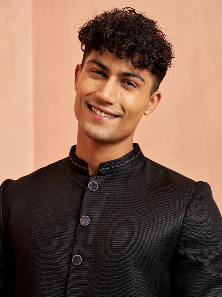 Vastramay Men Black Jute Indo-Western Kurta Pant Set