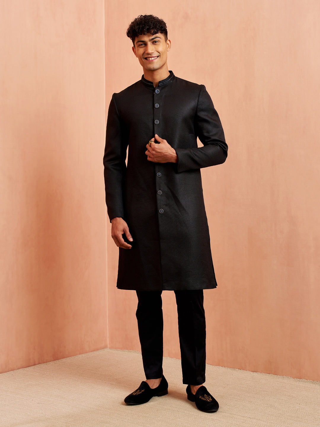 Vastramay Men Black Jute Indo-Western Kurta Pant Set