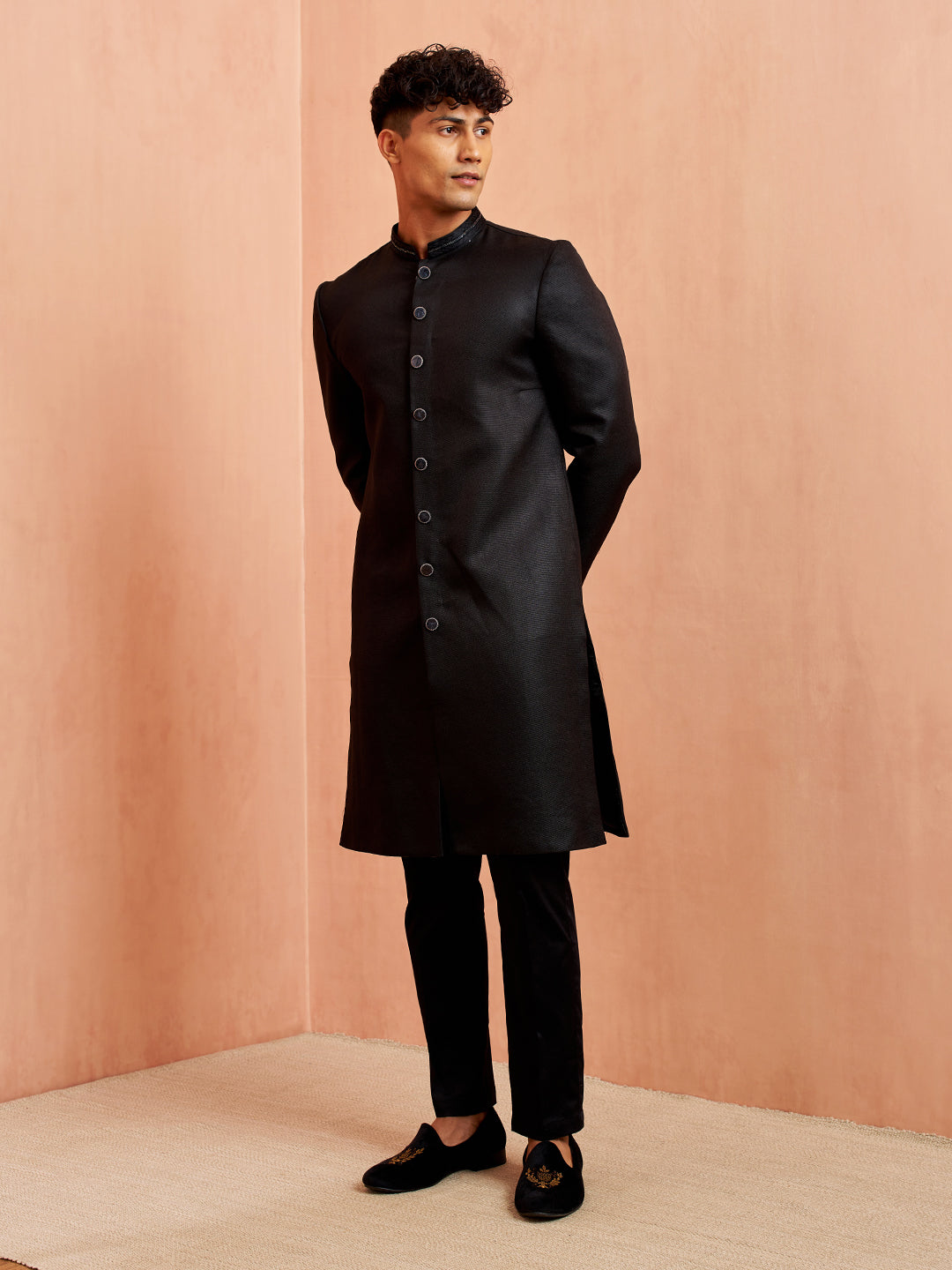 Vastramay Men Black Jute Indo-Western Kurta Pant Set