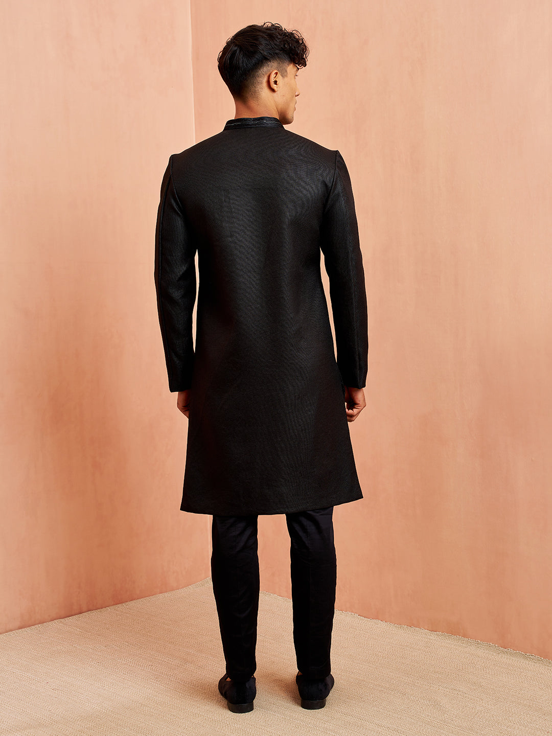 Vastramay Men Black Jute Indo-Western Kurta Pant Set