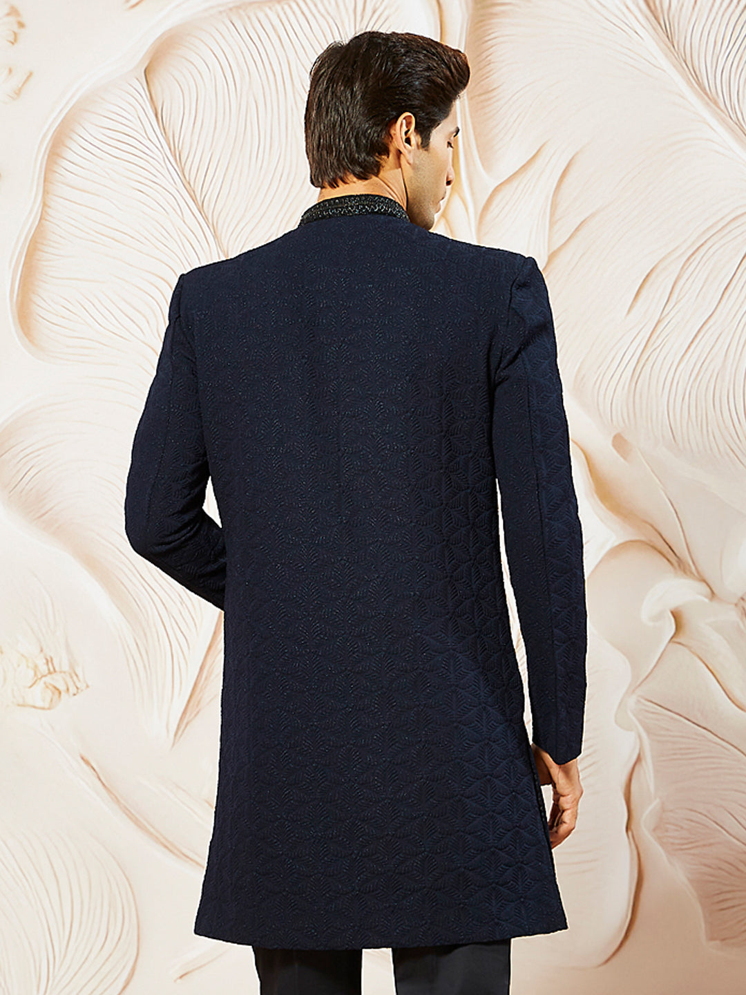 Men's Navy Blue Silk Blend Indo Western