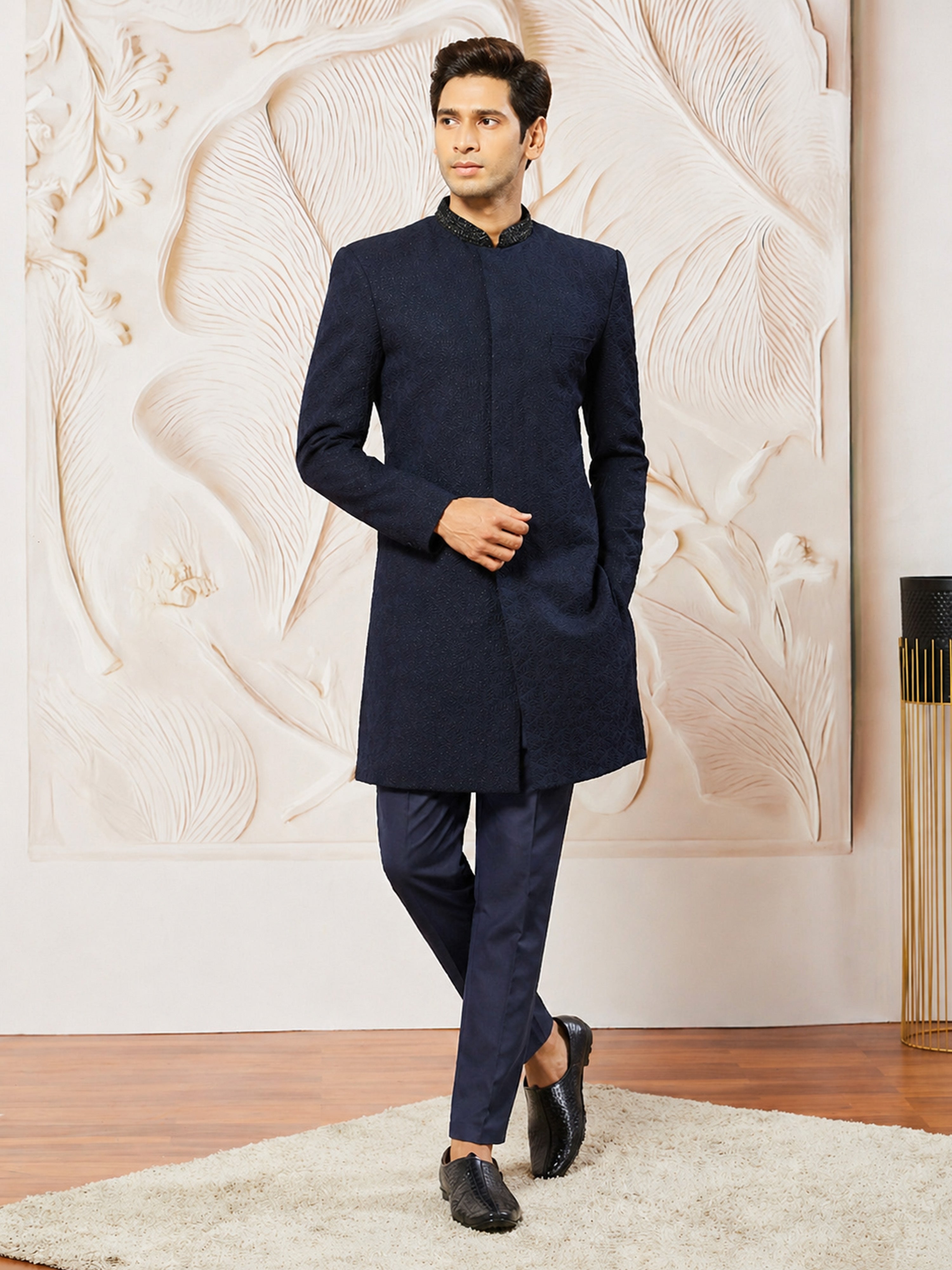 Navy Blue Imported Suiting Self Design Indo Western Set