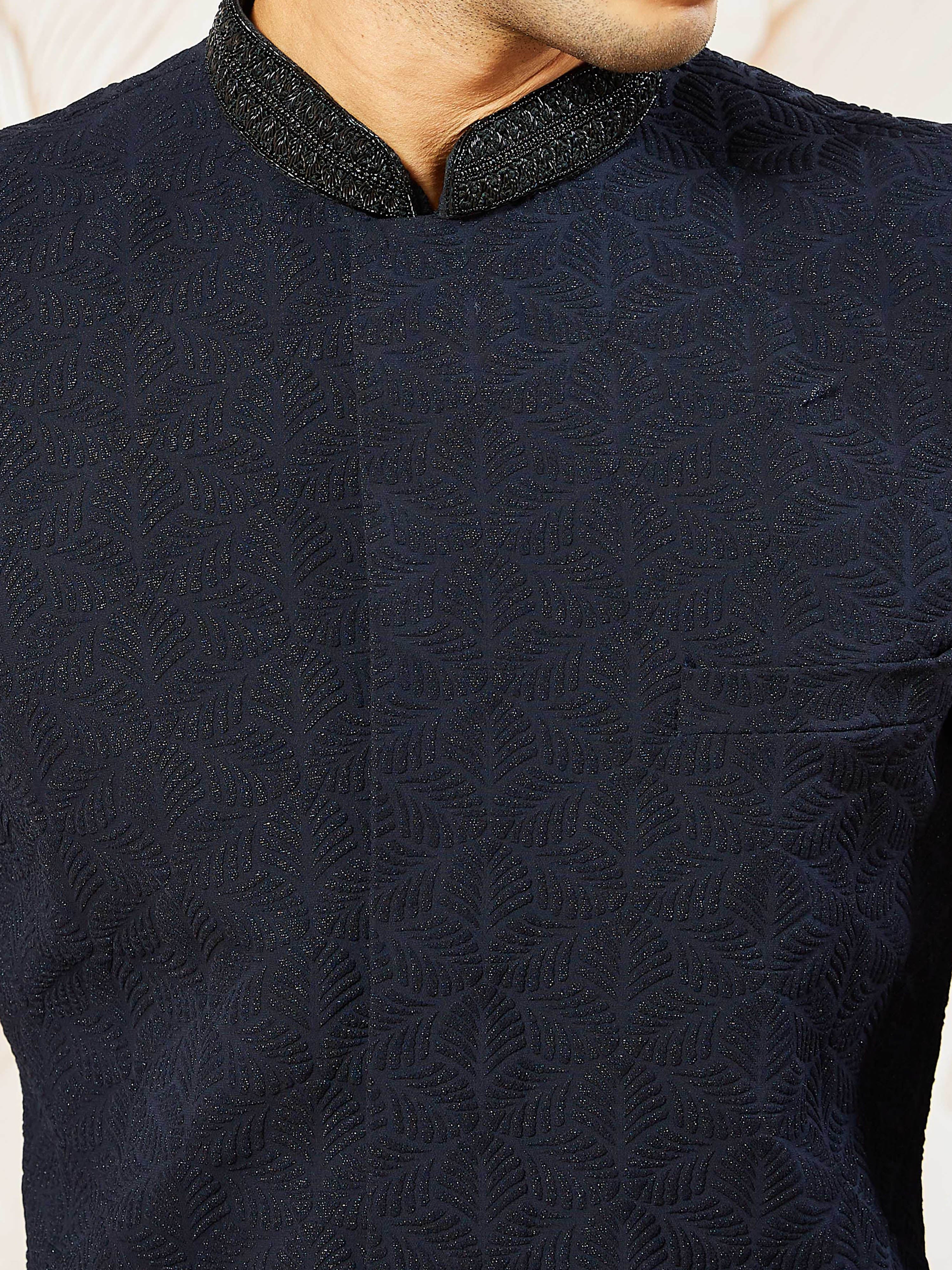 Men's Navy Blue Suiting Abstract Thigh Length Indo Western Set with Pant