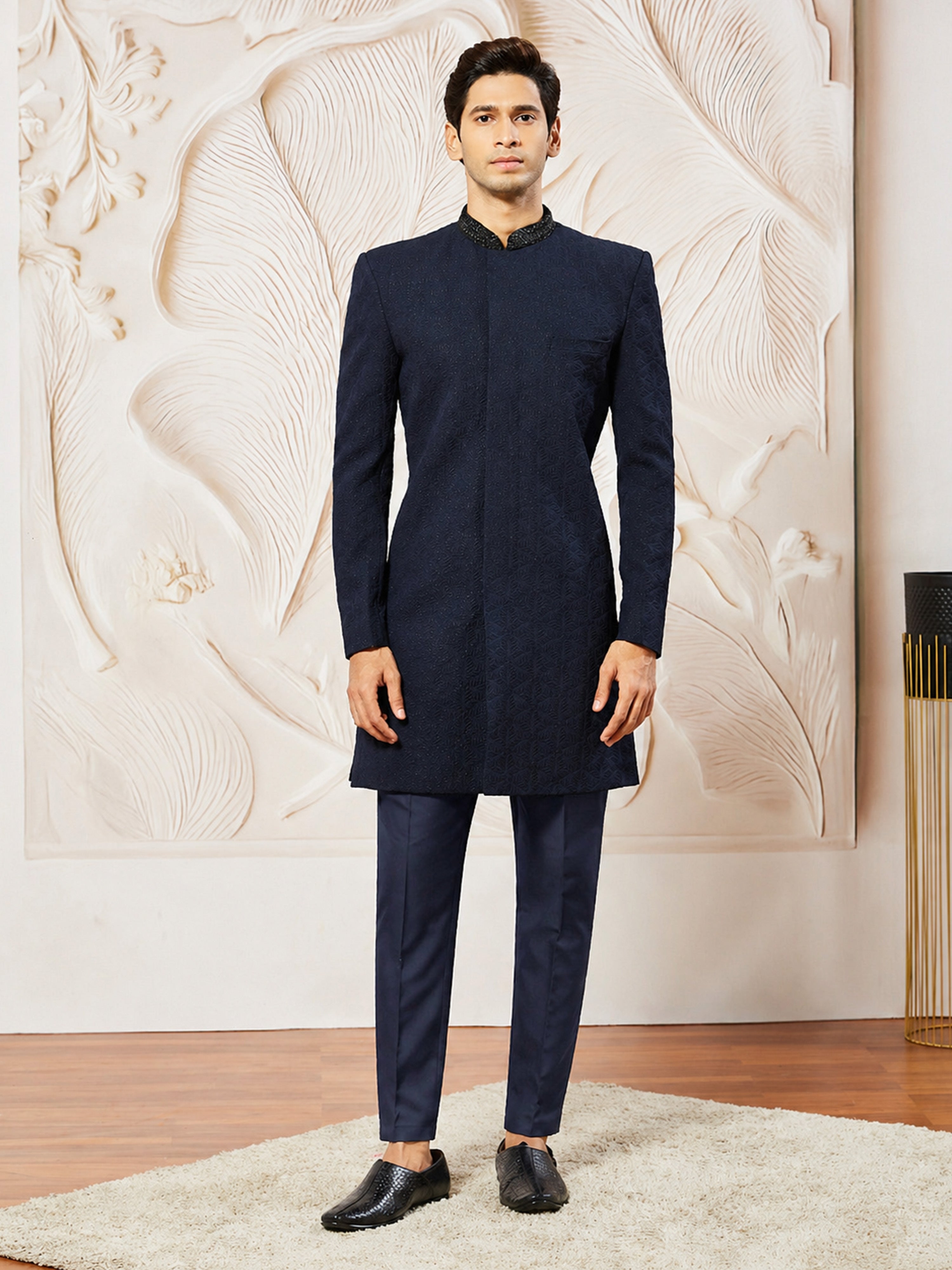 Men's Navy Blue Suiting Abstract Thigh Length Indo Western Set with Pant