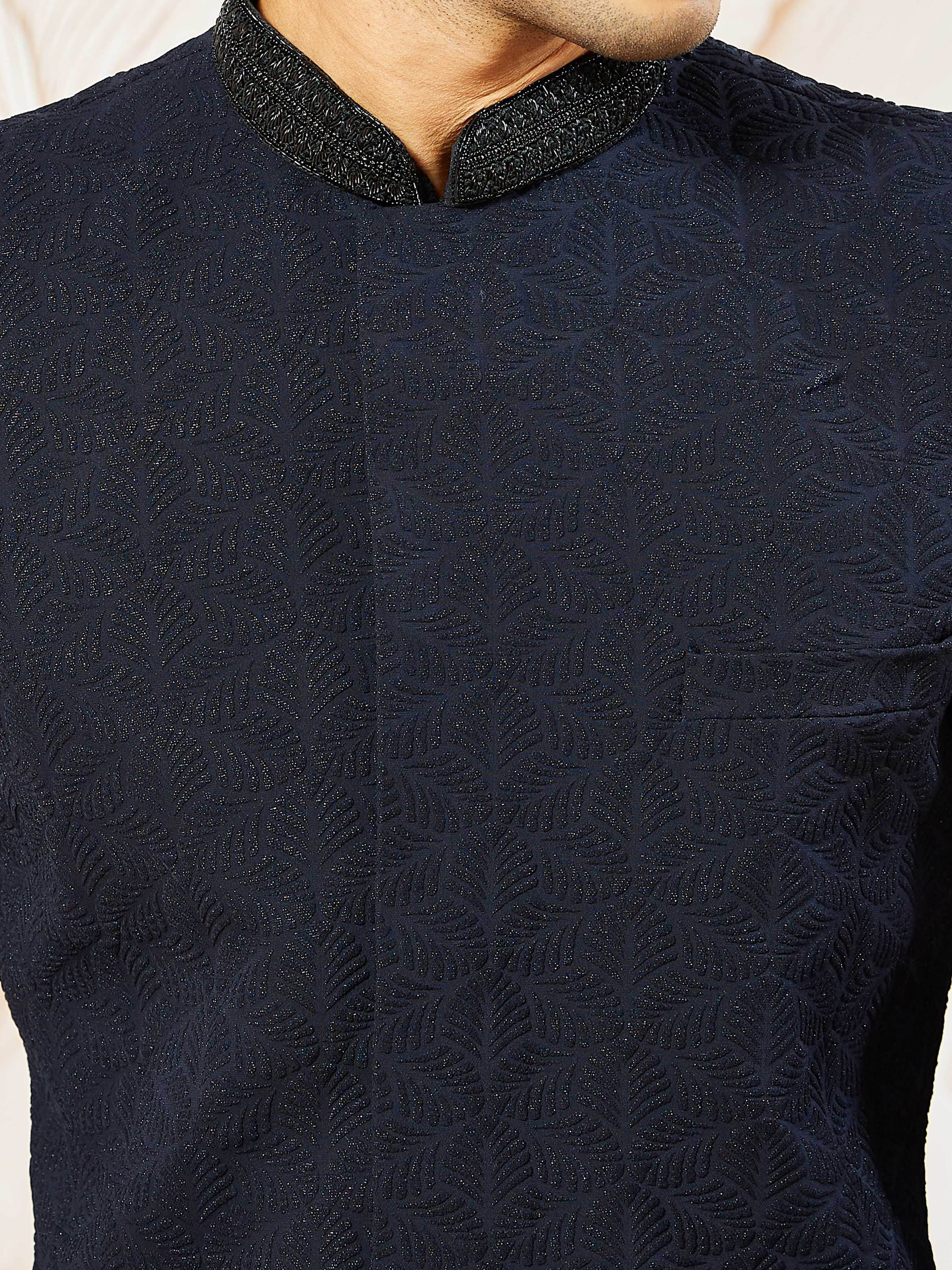 Men's Navy Blue Suiting Abstract Thigh Length Indo Western Set with Pant