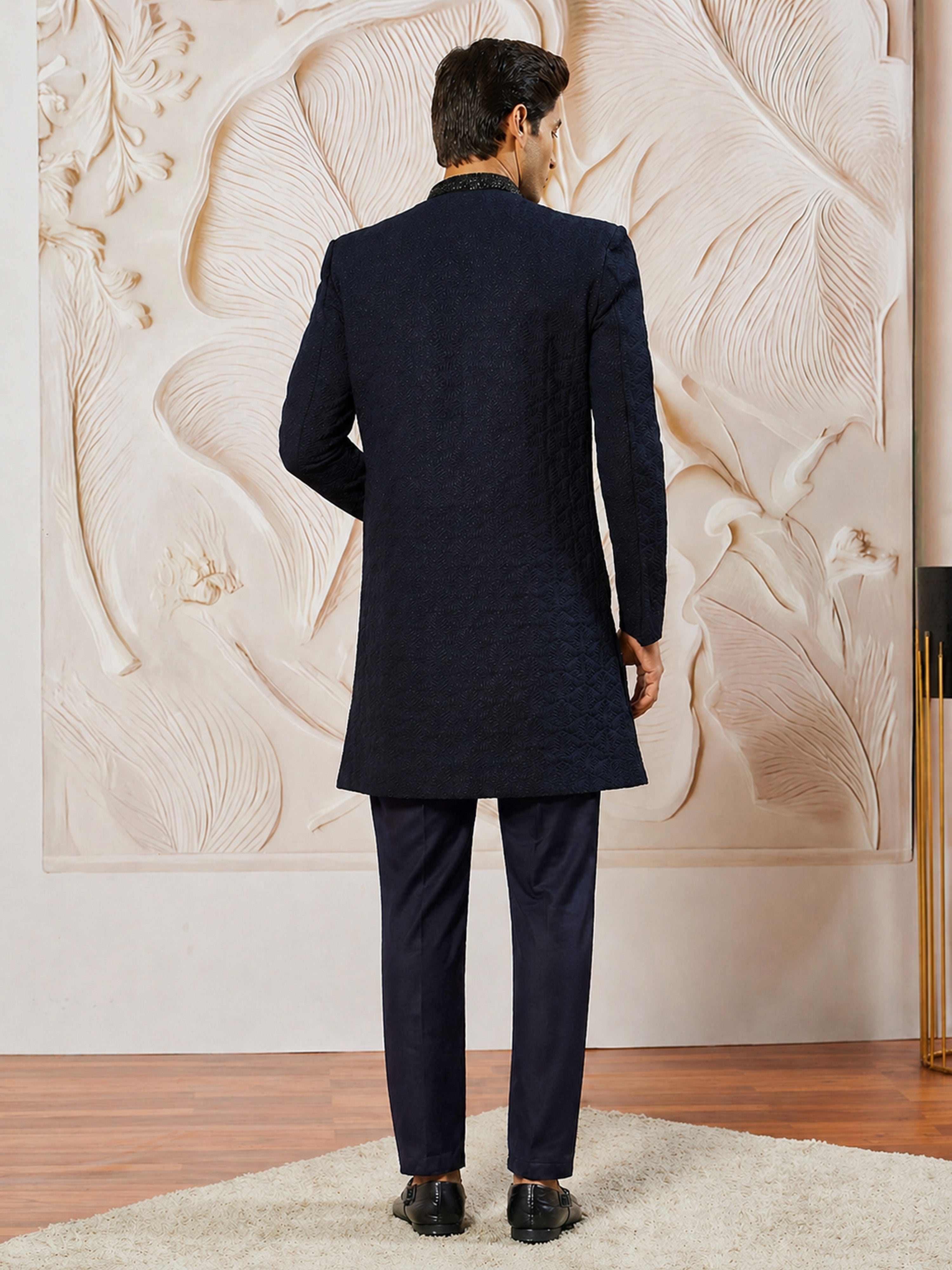 Men's Navy Blue Suiting Abstract Thigh Length Indo Western Set with Pant