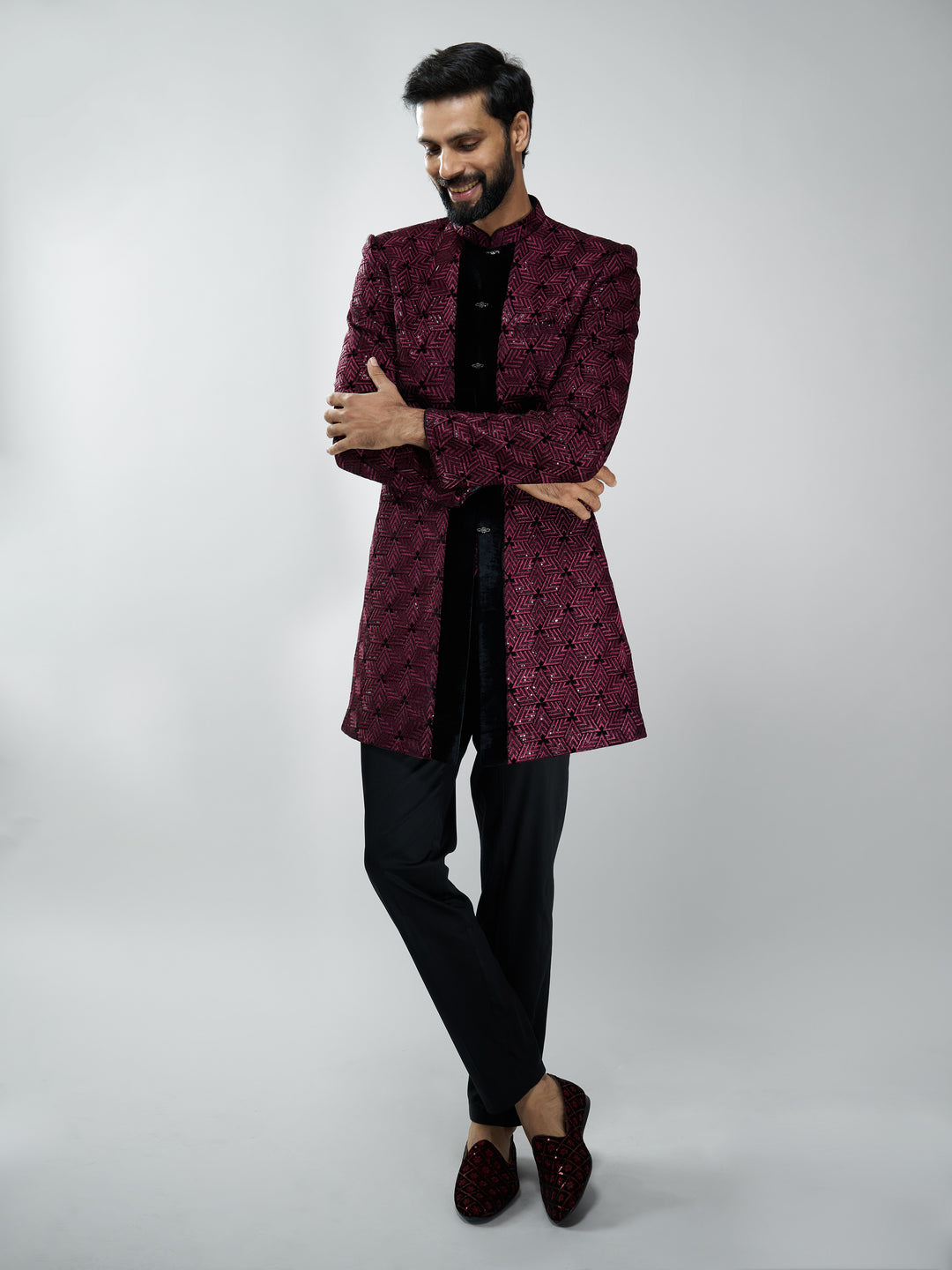 Men Wine Velvet Embroidered Indo-Western Kurta with Black Pant
