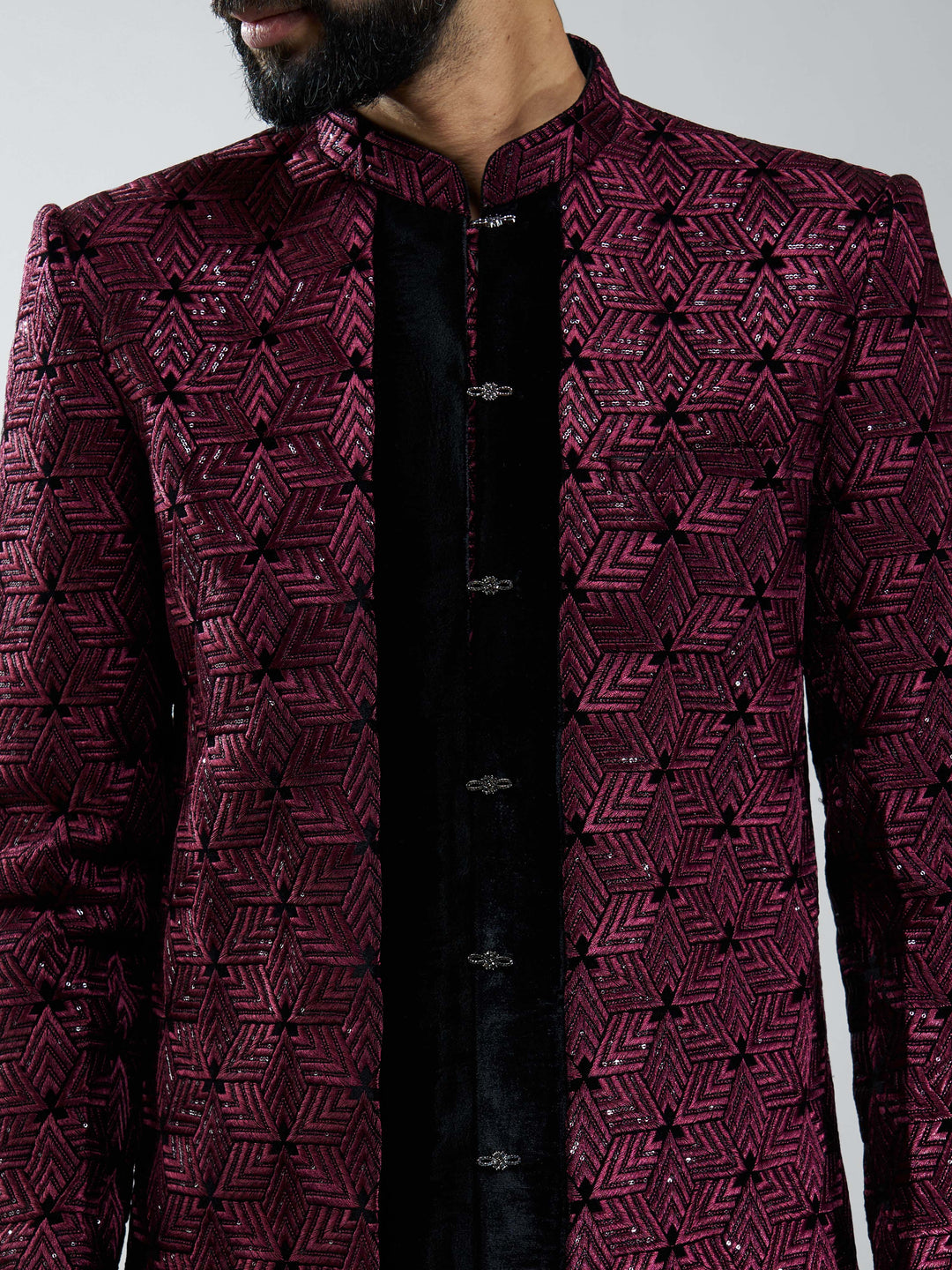 Men Wine Velvet Embroidered Indo-Western Kurta with Black Pant