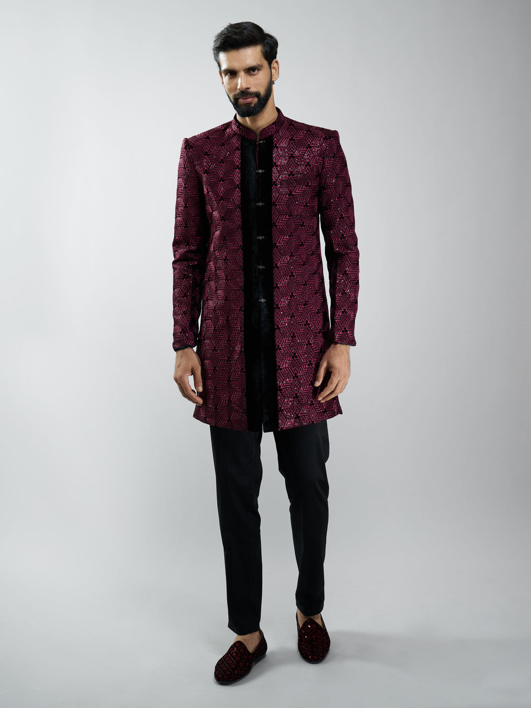 Men Wine Velvet Embroidered Indo-Western Kurta with Black Pant