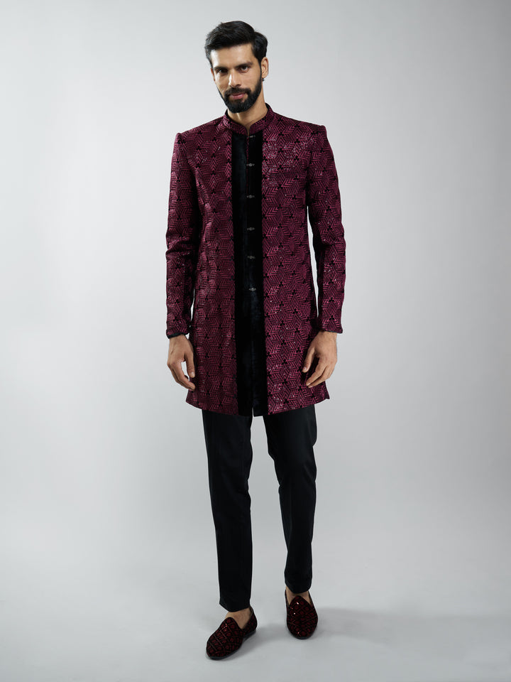 Men Wine Velvet Embroidered Indo-Western Kurta with Black Pant