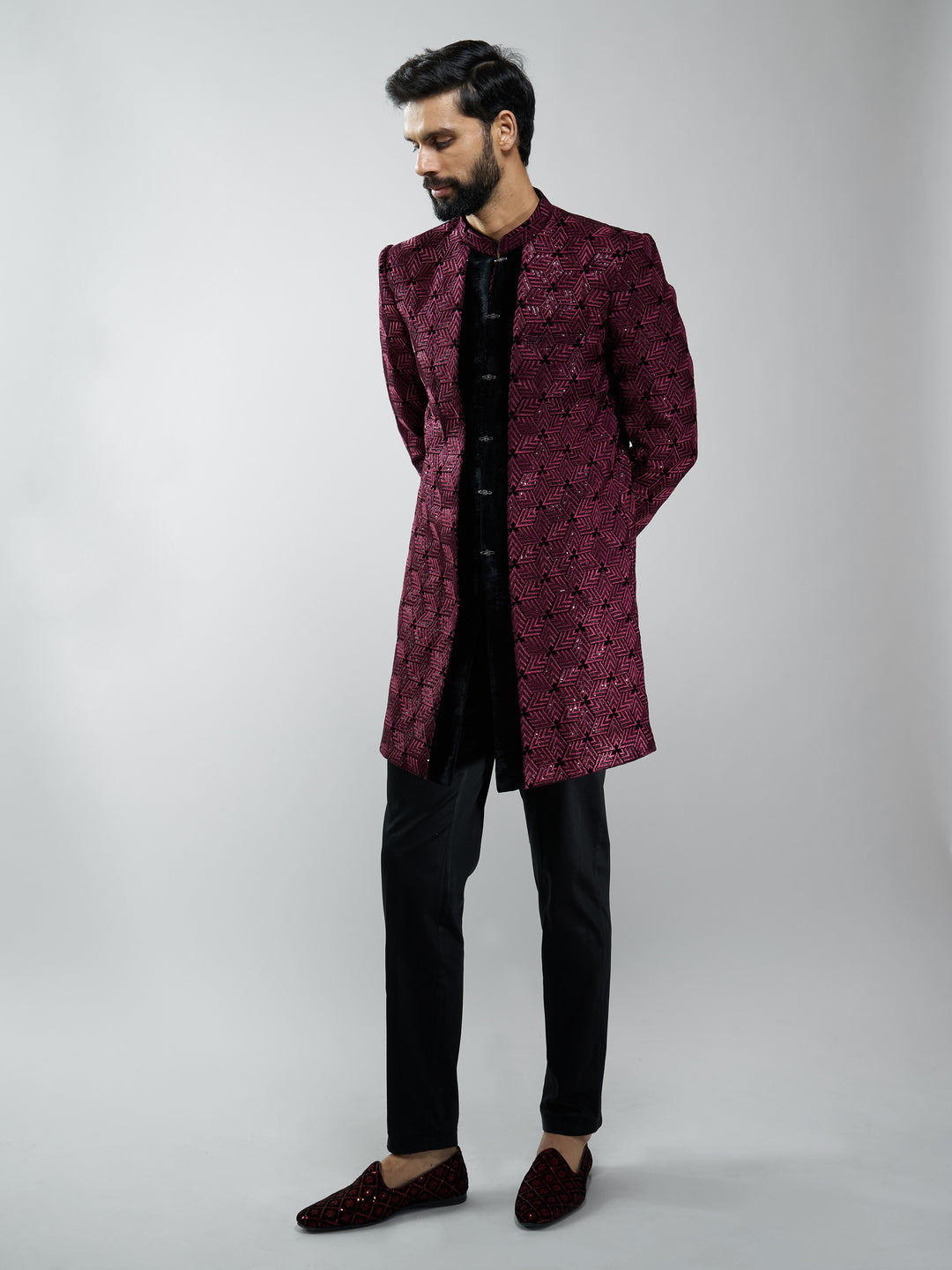 Men Wine Velvet Embroidered Indo-Western Kurta with Black Pant