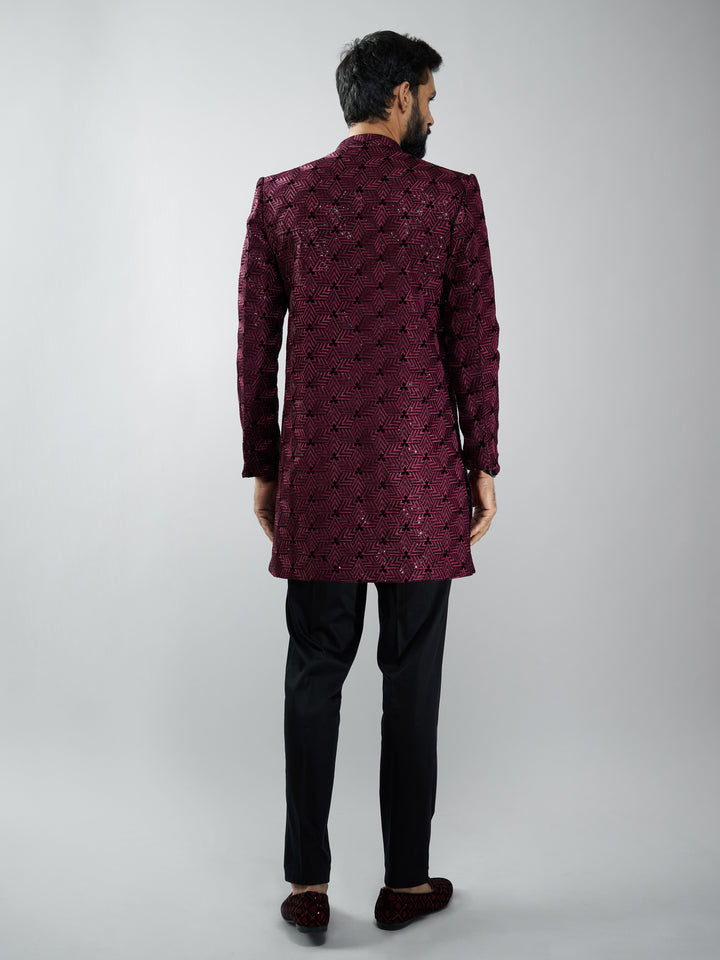 Men Wine Velvet Embroidered Indo-Western Kurta with Black Pant