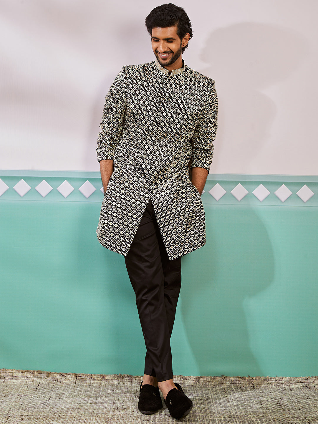 Men's Black Rayon Indo Western And Pyjama Set