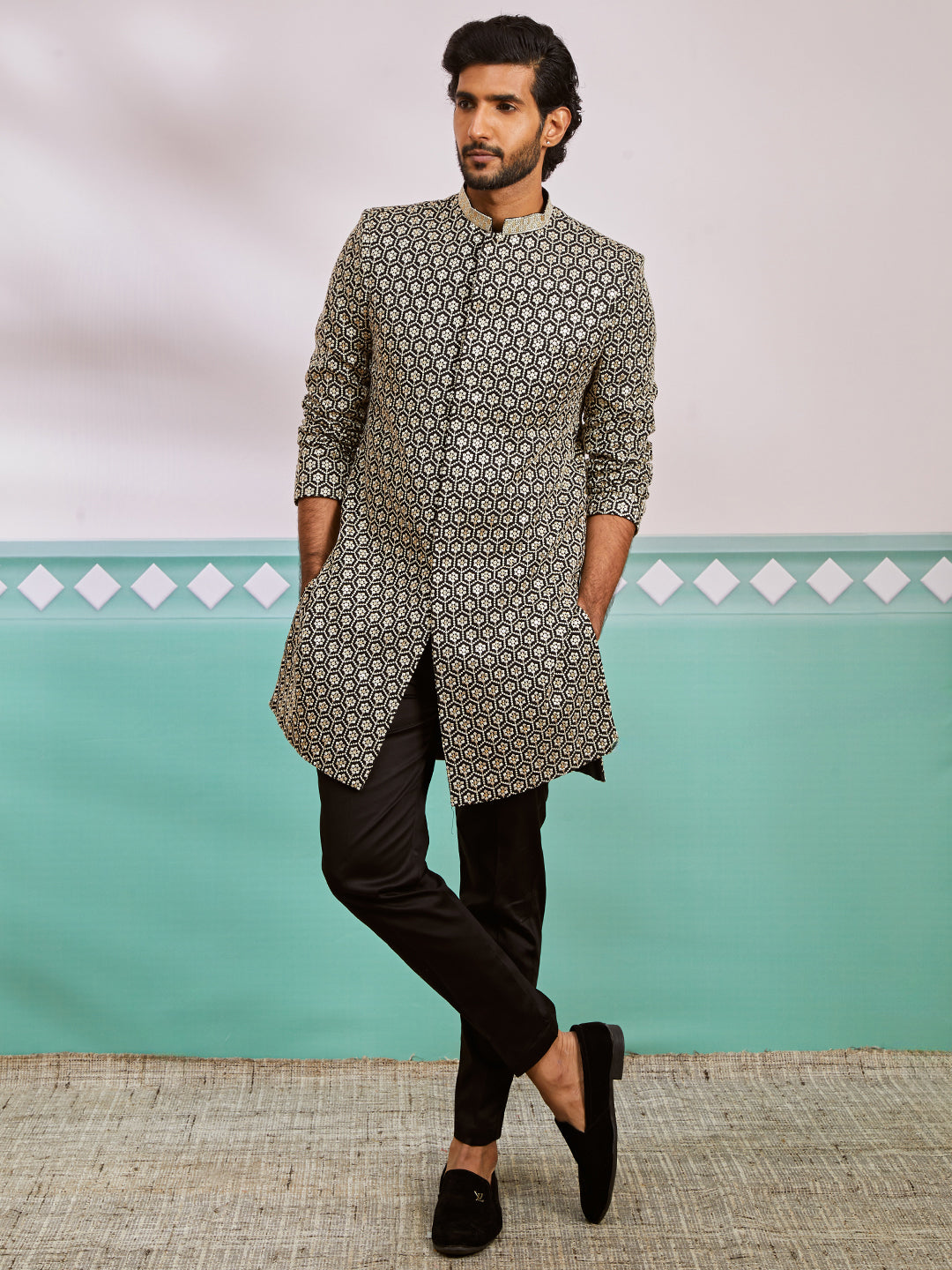 Men's Black Rayon Indo Western And Pyjama Set