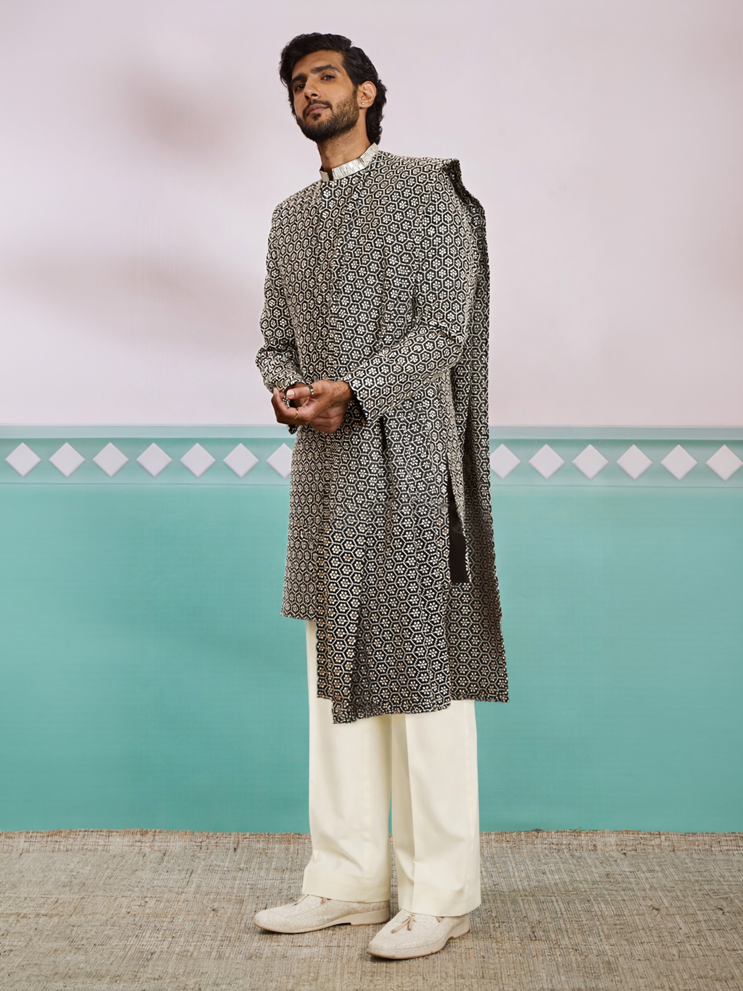 Black Rayon Geometric Thread Work Indo-Western Set